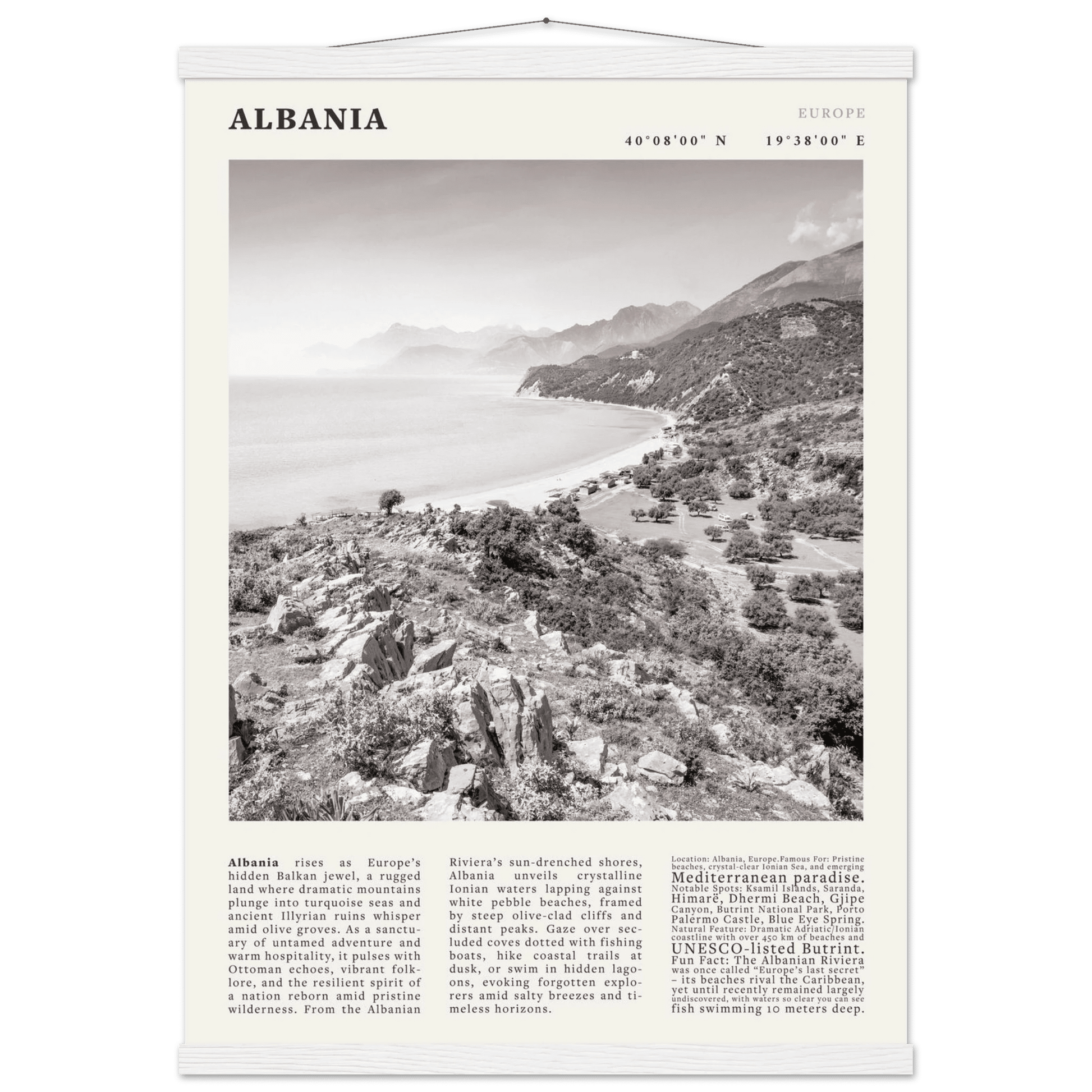 Albania Poster Black and White – Vintage Albanian Riviera Travel Print (Digital & Printed Options) - Evergreen Posters
