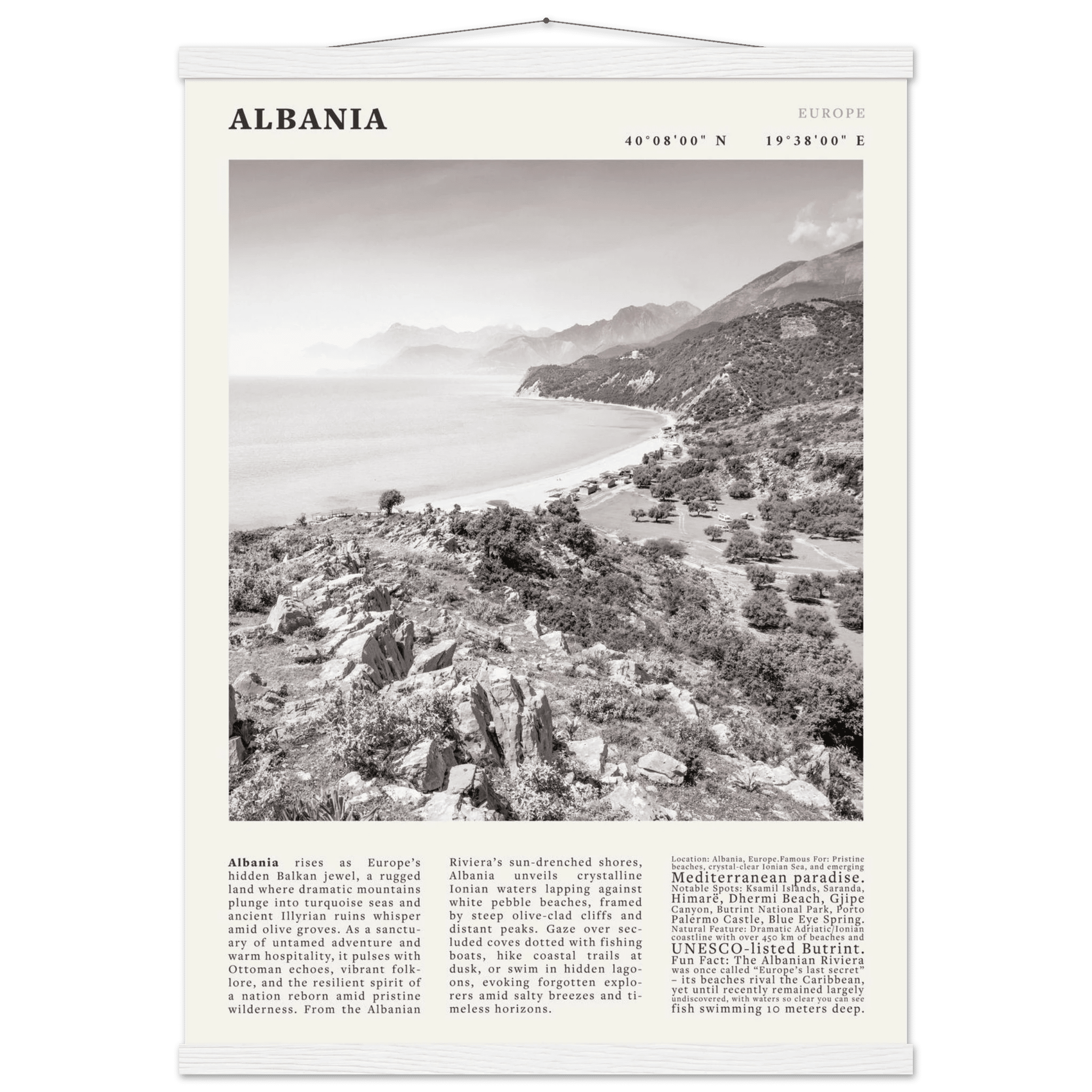 Albania Poster Black and White – Vintage Albanian Riviera Travel Print (Digital & Printed Options) - Evergreen Posters