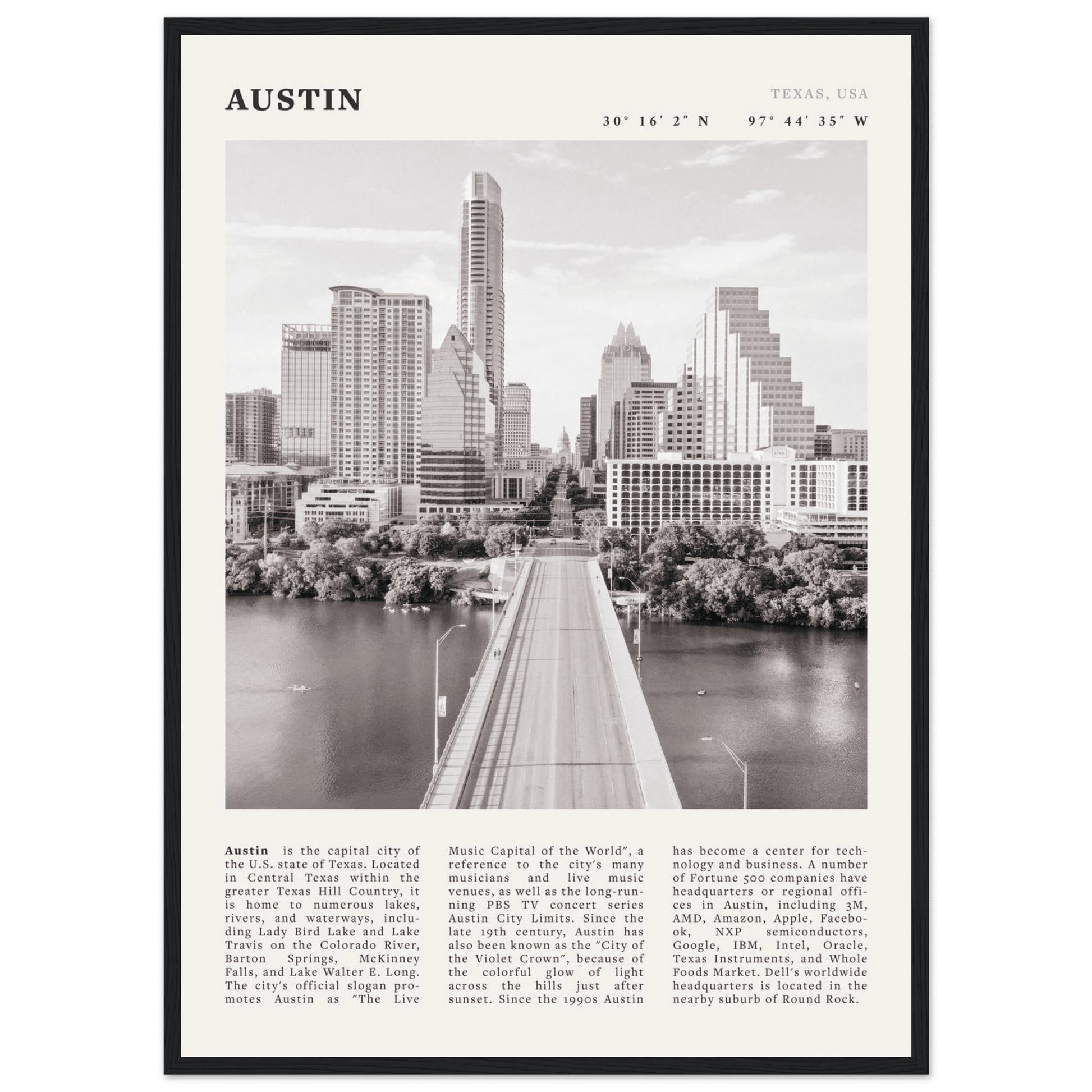 Austin Poster | Black & White Texas Skyline Wall Art | City Travel Print Decor - Evergreen Posters