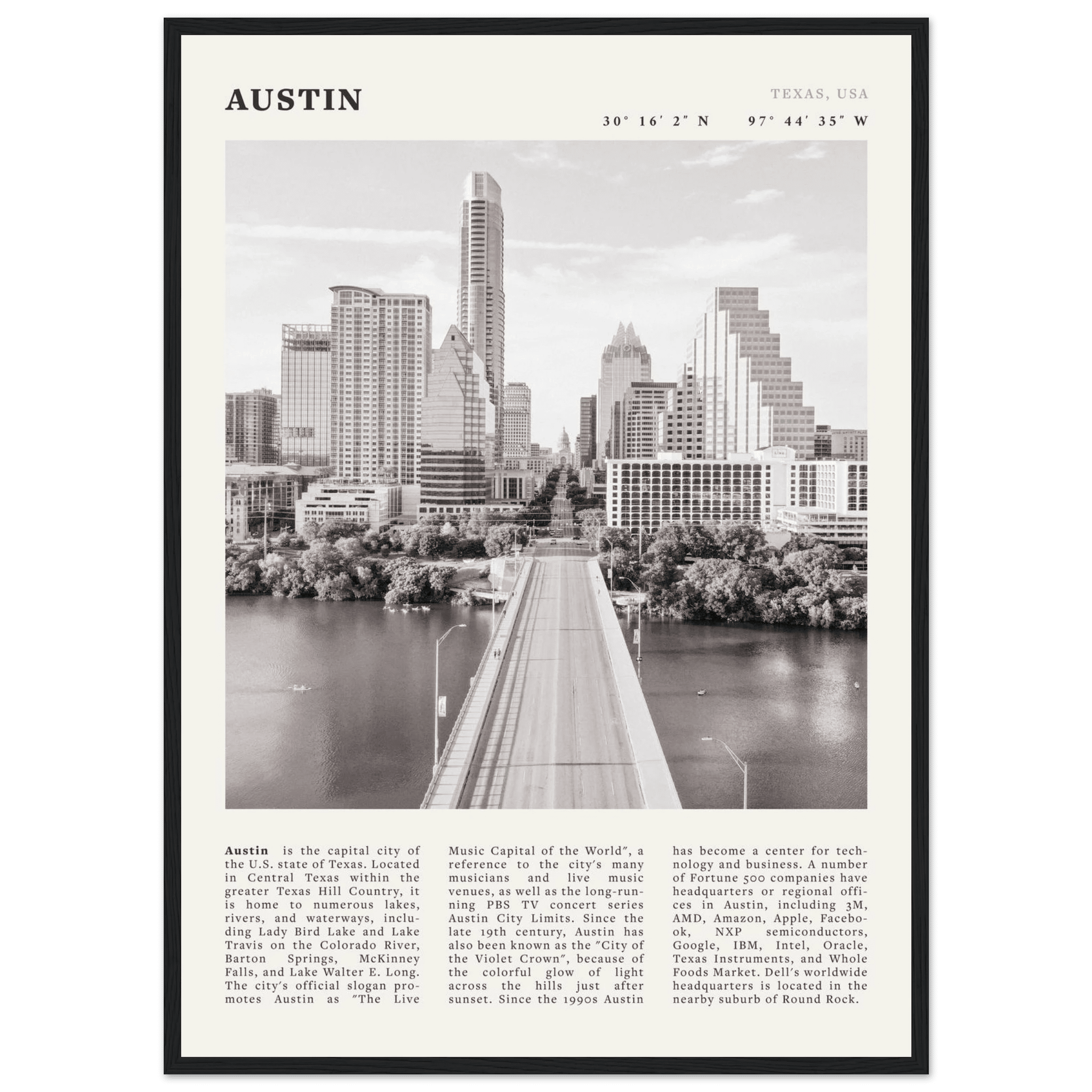 Austin Poster | Black & White Texas Skyline Wall Art | City Travel Print Decor - Evergreen Posters