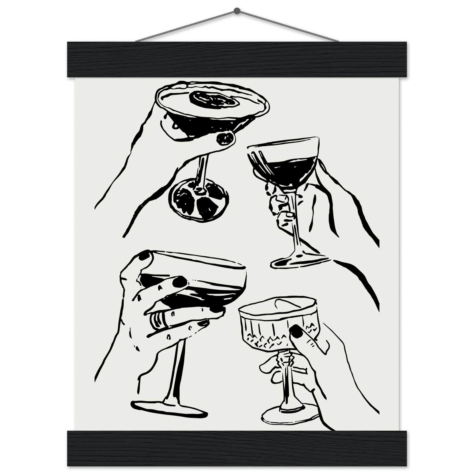 Cheers Print | Black Line Art Cocktail Glasses Wall Art | Kitchen Bar Poster - Evergreen Posters
