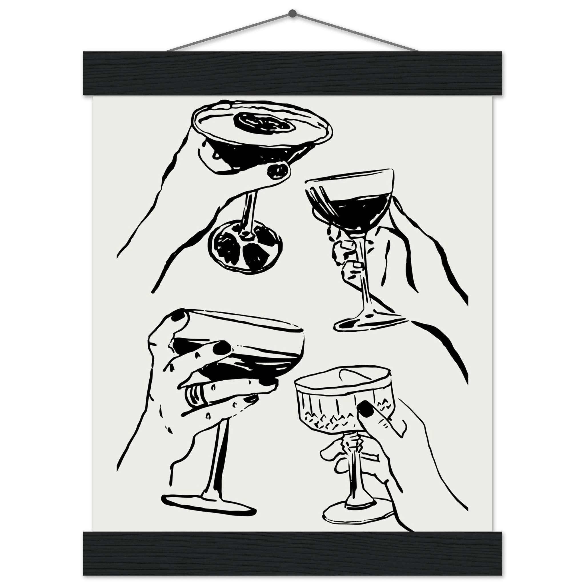 Cheers Print | Black Line Art Cocktail Glasses Wall Art | Kitchen Bar Poster - Evergreen Posters
