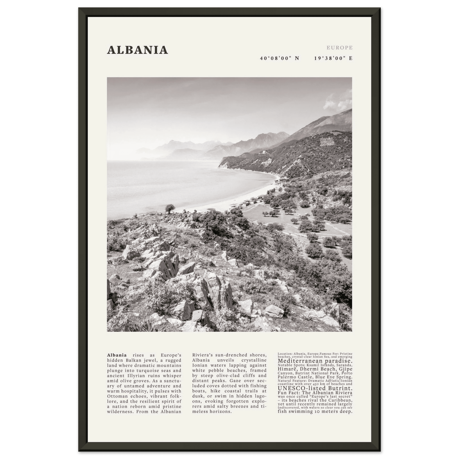 Albania Poster Black and White – Vintage Albanian Riviera Travel Print (Digital & Printed Options) - Evergreen Posters