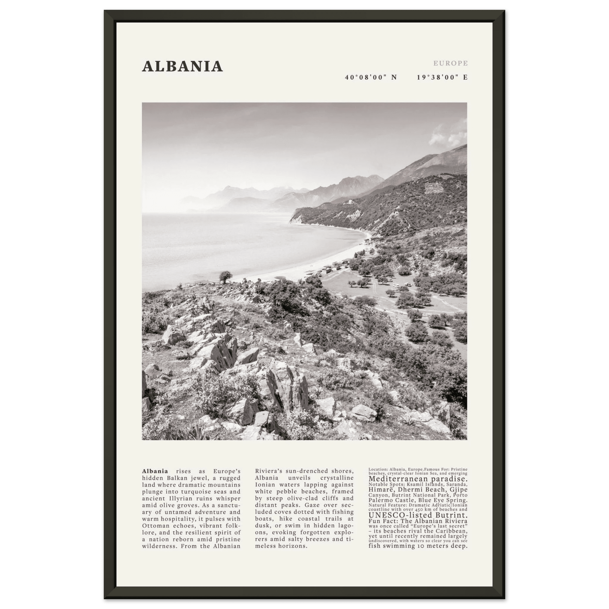 Albania Poster Black and White – Vintage Albanian Riviera Travel Print (Digital & Printed Options) - Evergreen Posters