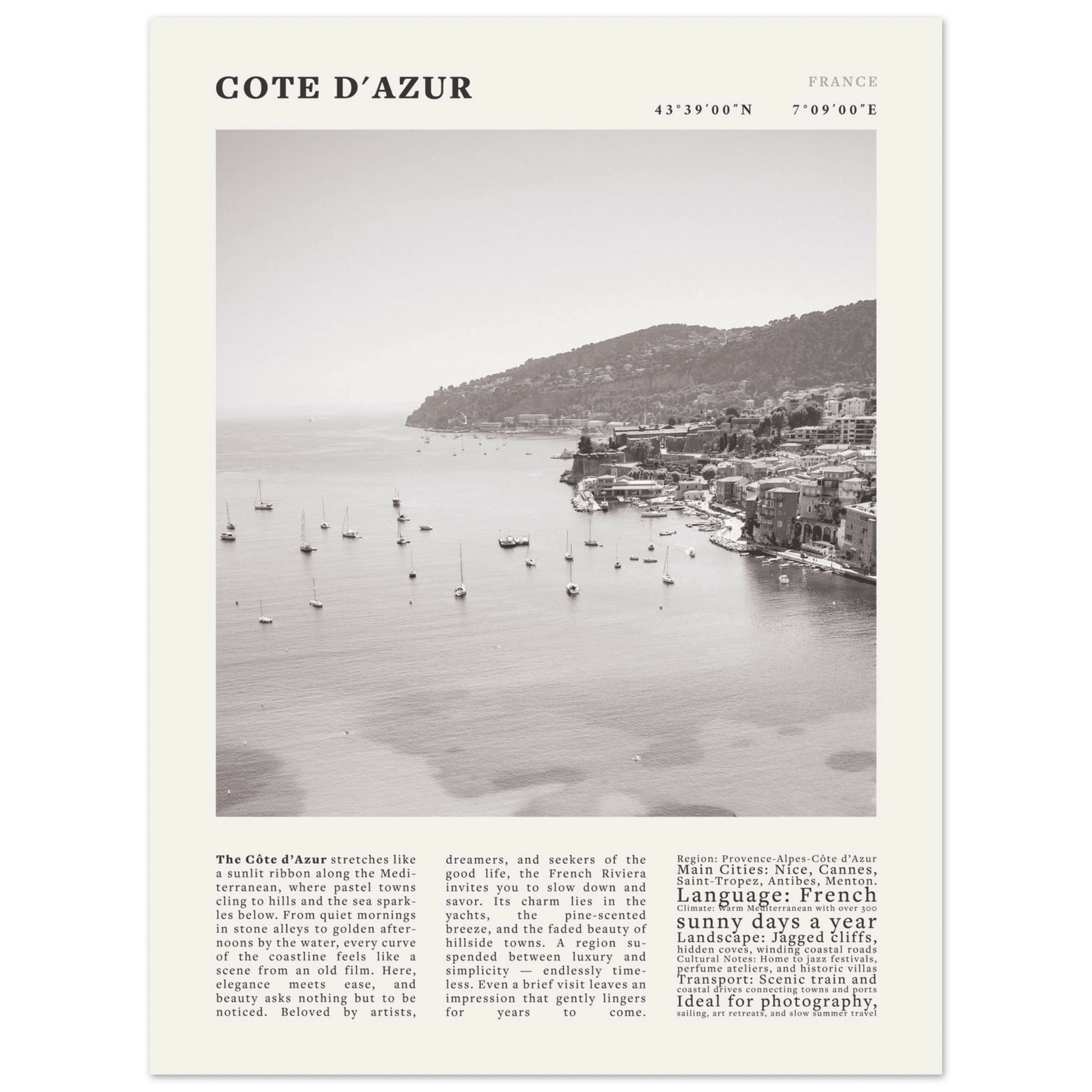 Côte d'Azur Poster Black and White – Vintage French Riviera Coast Print (Digital & Printed Options) - Evergreen Posters