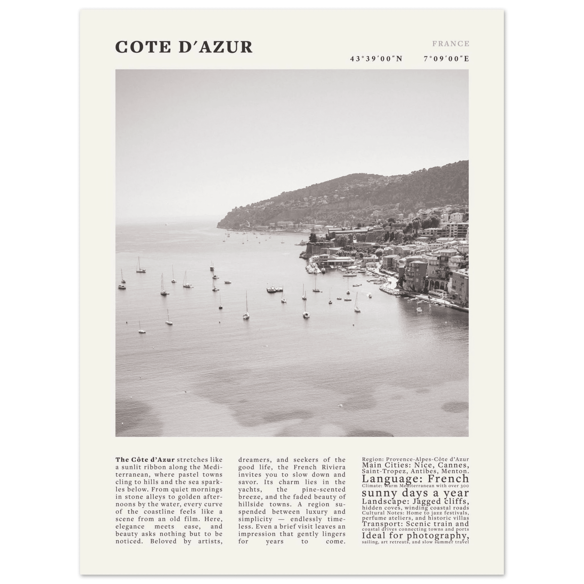 Côte d'Azur Poster Black and White – Vintage French Riviera Coast Print (Digital & Printed Options) - Evergreen Posters