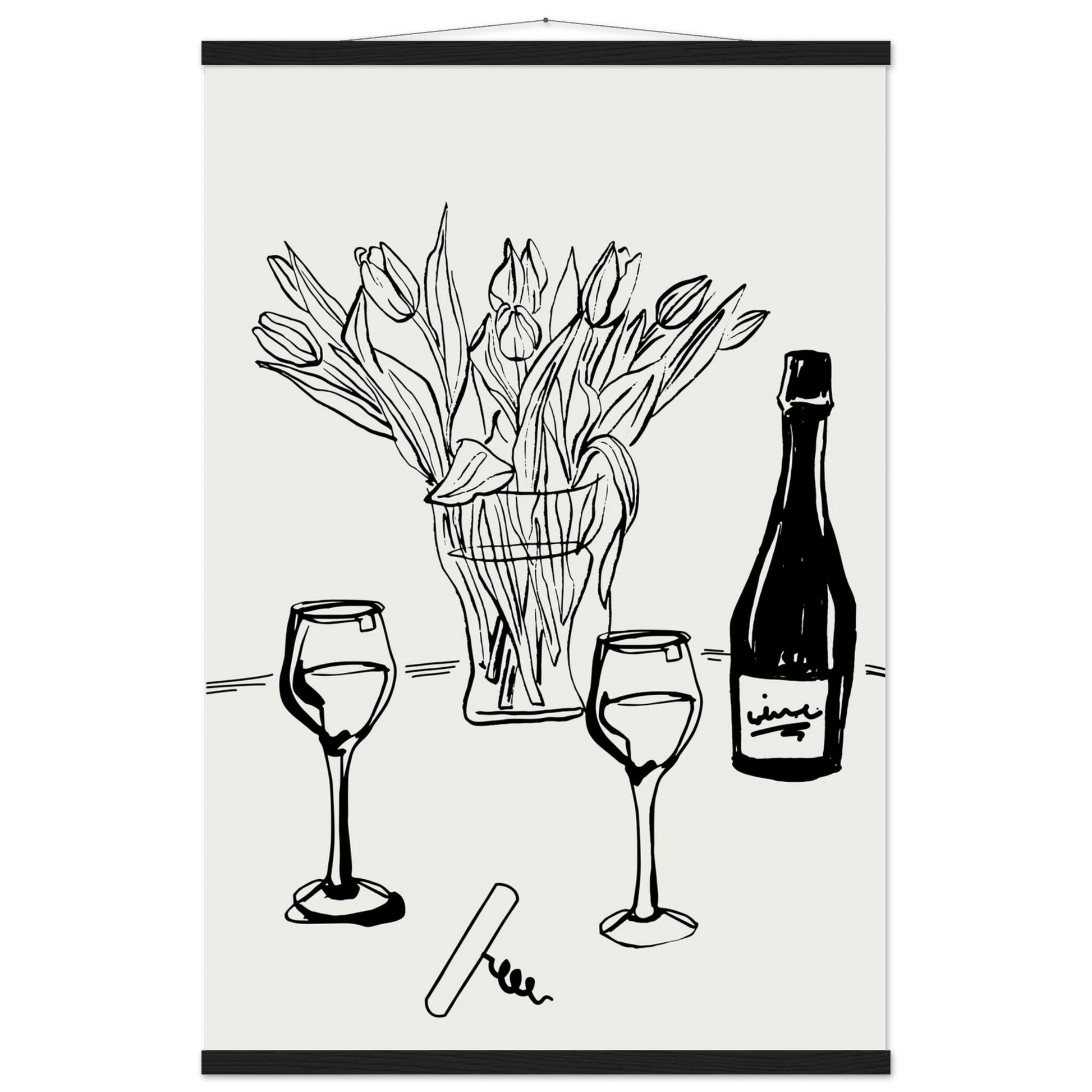 Wine & Tulips Print | Black Line Art Wine Bottle Wall Art | Minimalist Kitchen Poster - Evergreen Posters