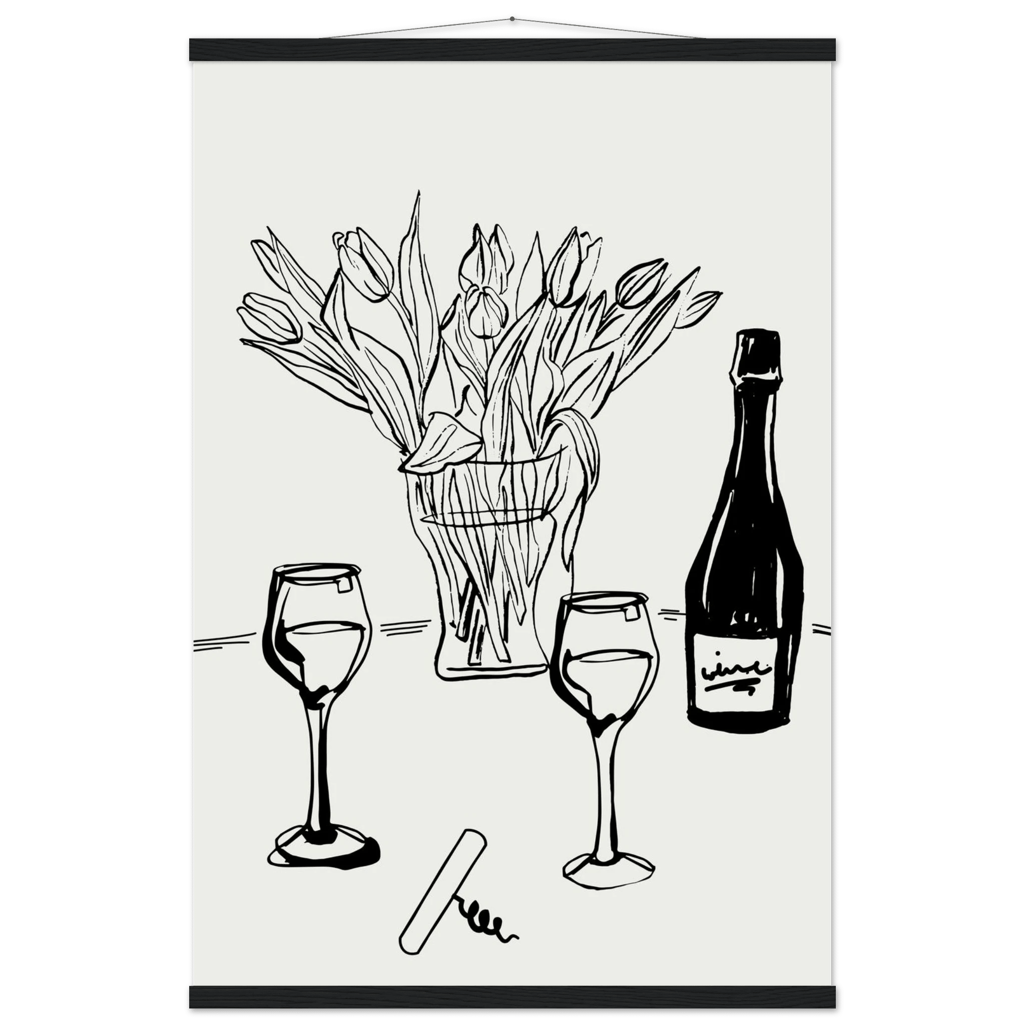 Wine & Tulips Print | Black Line Art Wine Bottle Wall Art | Minimalist Kitchen Poster - Evergreen Posters