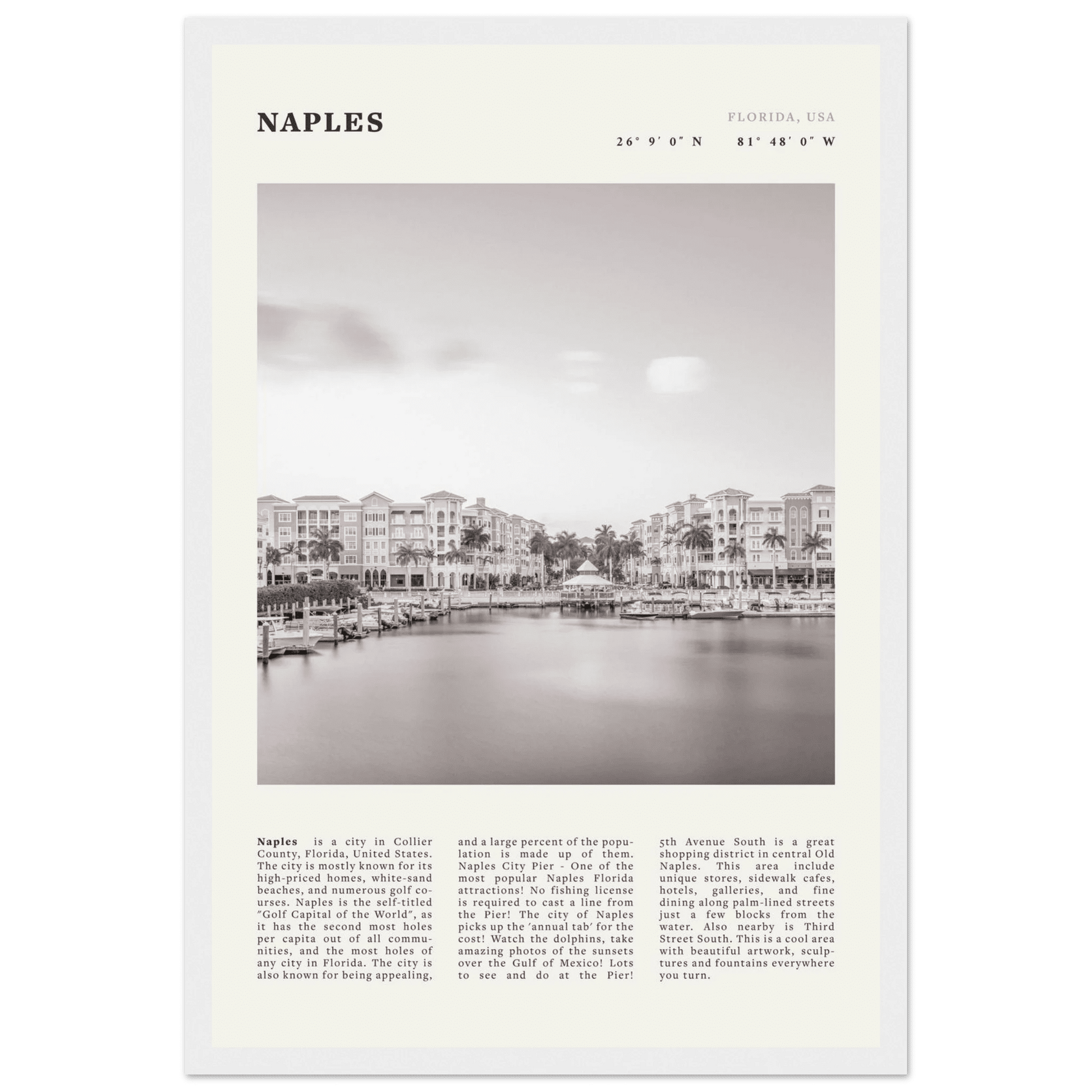Naples Florida Poster | Black & White Gulf Coast Wall Art | FL Travel Print - Evergreen Posters