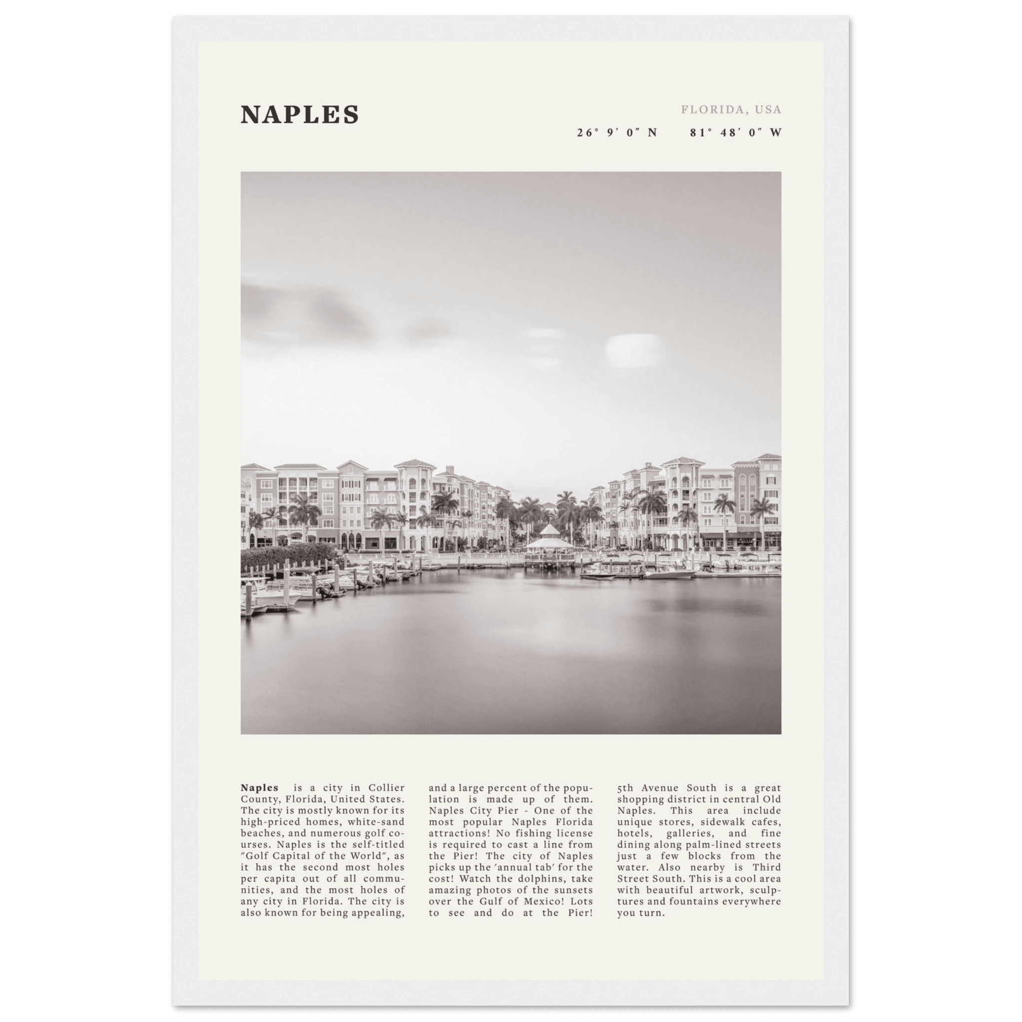 Naples Florida Poster | Black & White Gulf Coast Wall Art | FL Travel Print - Evergreen Posters