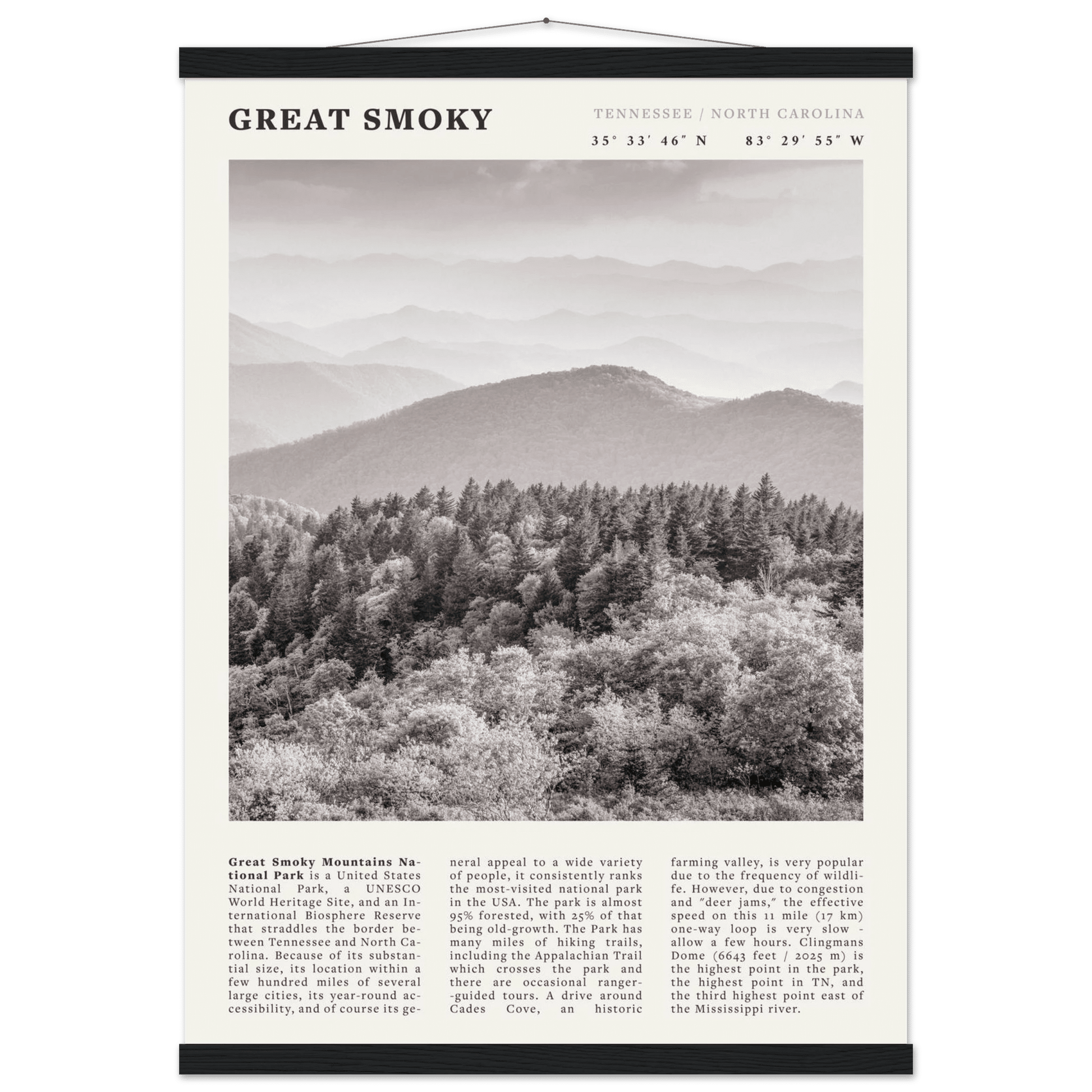 Great Smoky Mountains Poster | Black & White National Park Wall Art | Tennessee Print - Evergreen Posters