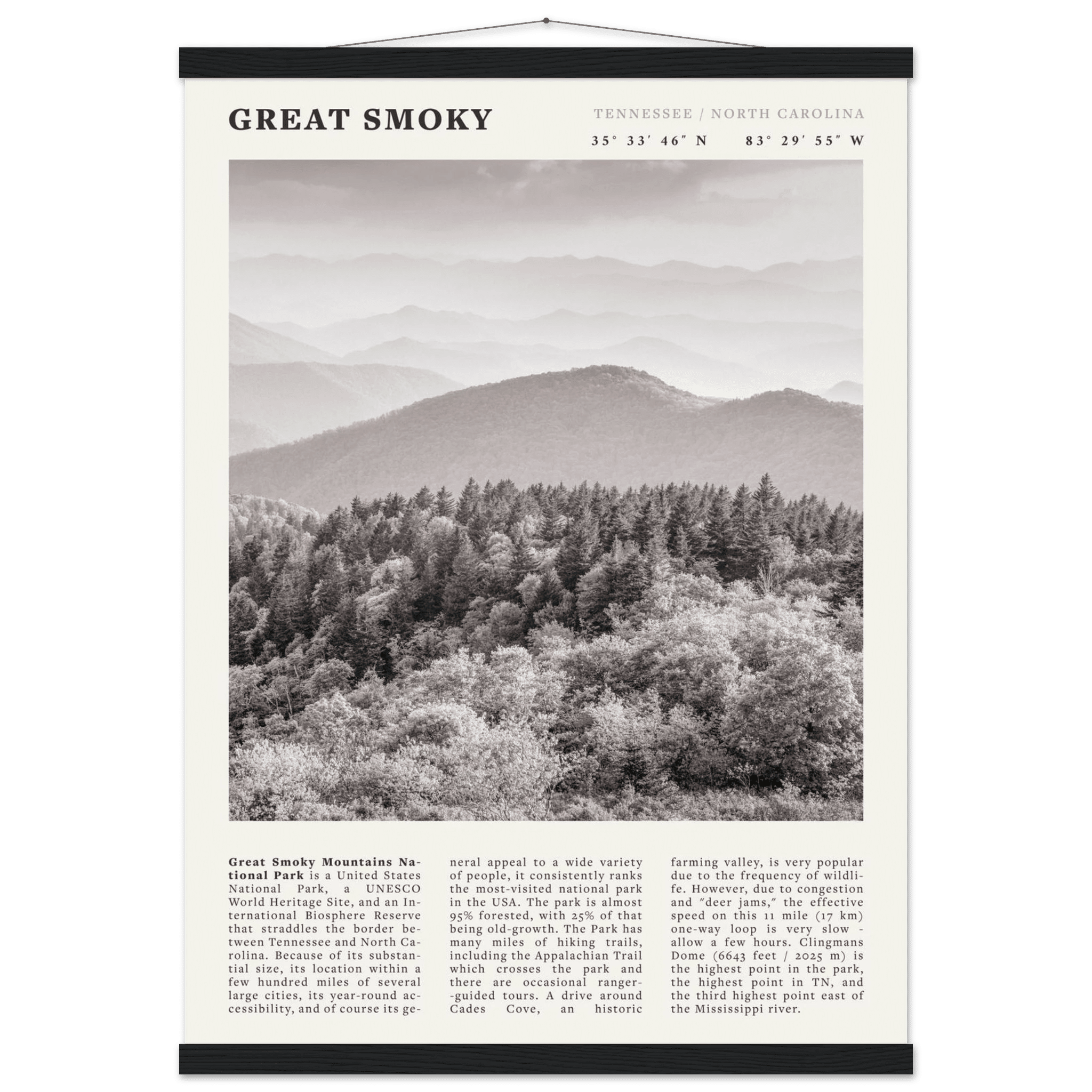 Great Smoky Mountains Poster | Black & White National Park Wall Art | Tennessee Print - Evergreen Posters