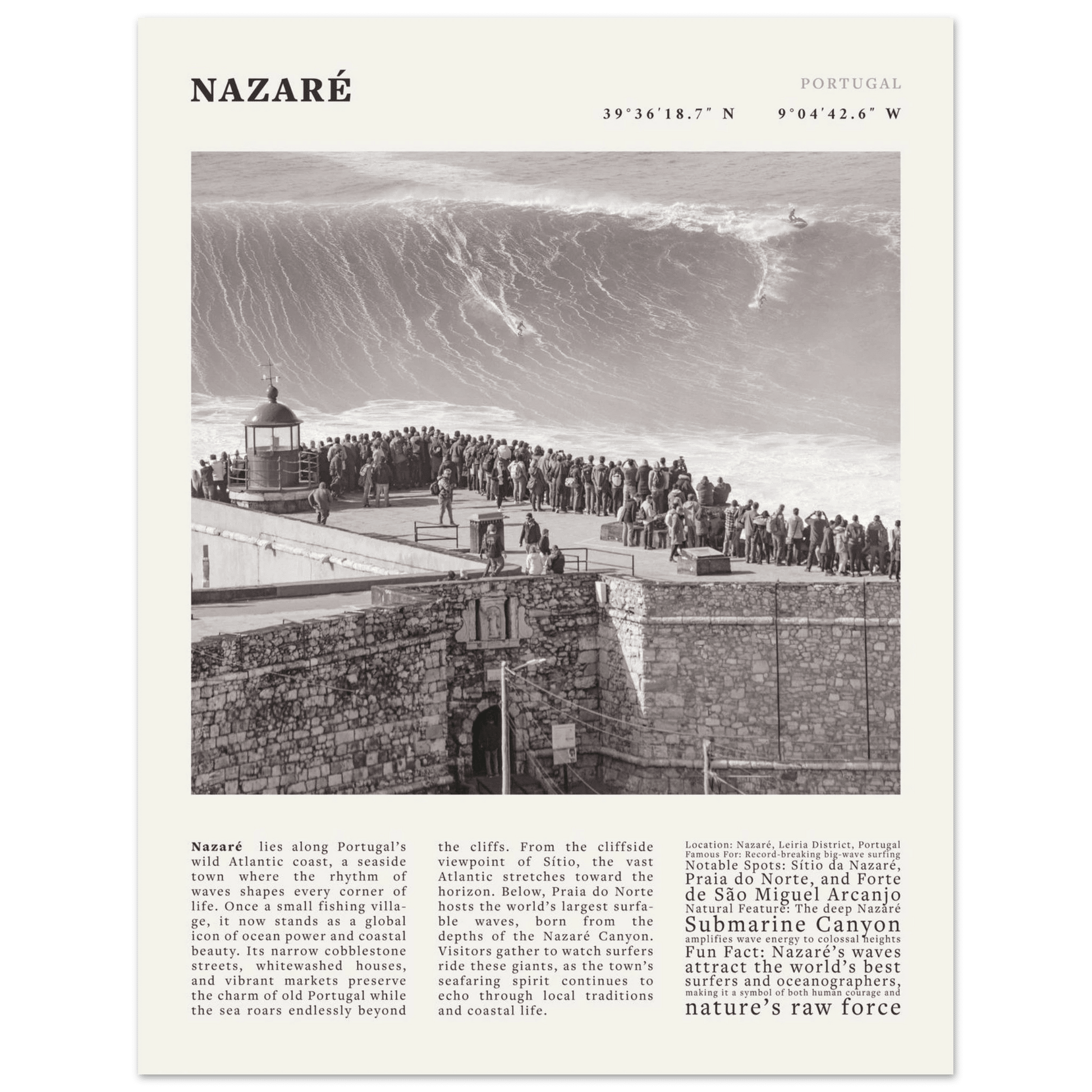 Nazaré Portugal Poster Black and White – Vintage Big Waves Surf Print (Digital & Printed Options) - Evergreen Posters