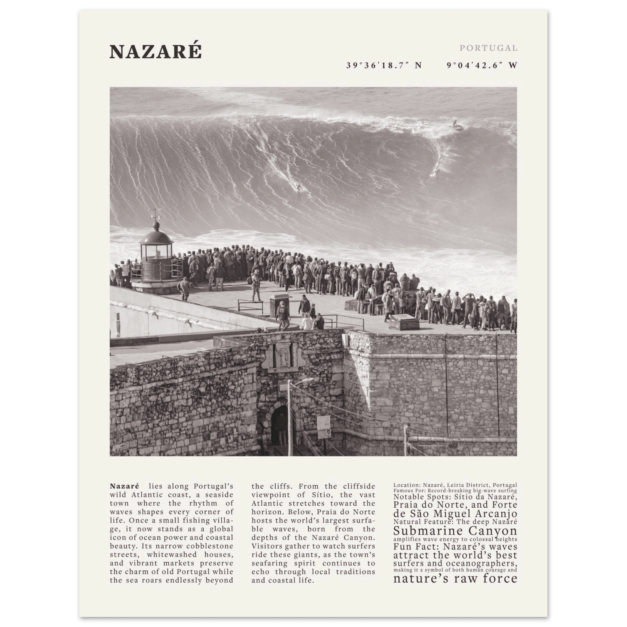 Nazaré Portugal Poster Black and White – Vintage Big Waves Surf Print (Digital & Printed Options) - Evergreen Posters