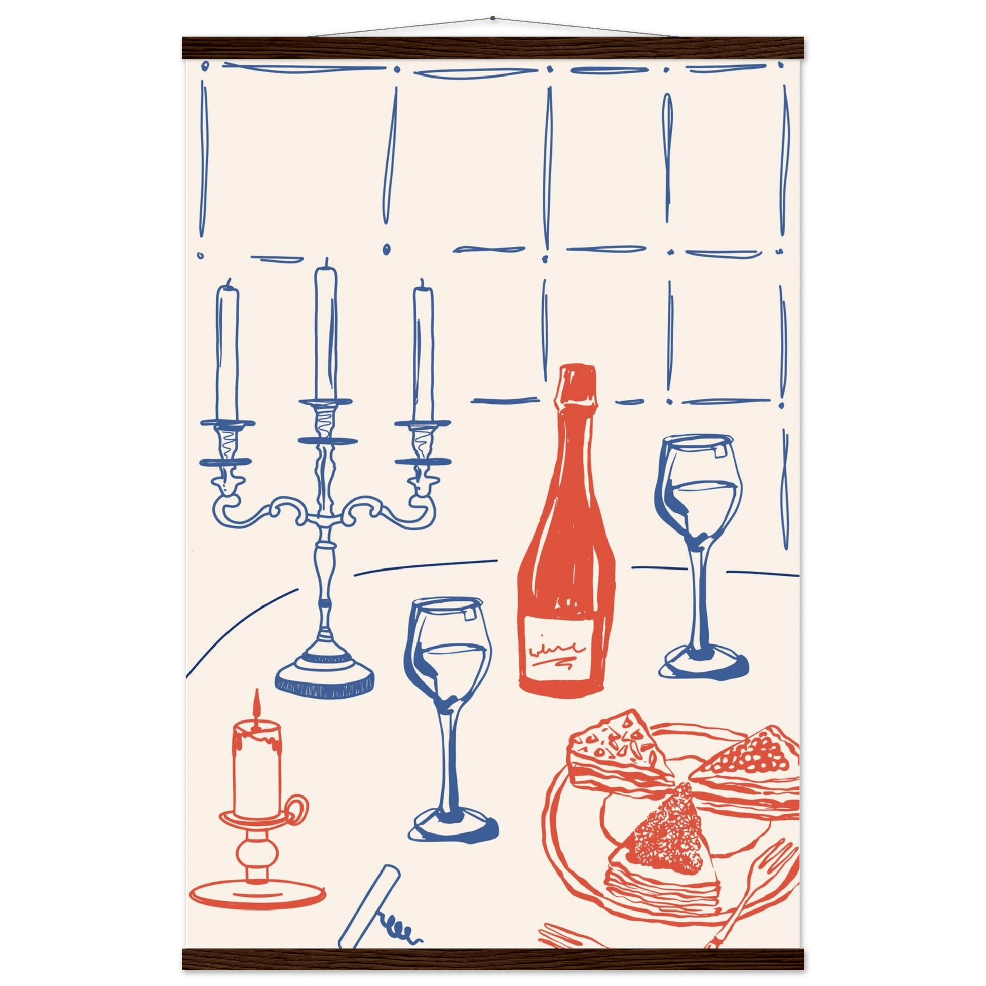 Candlelight Dinner Print | Wine & Candelabra Line Art Wall Art | Kitchen Poster - Evergreen Posters