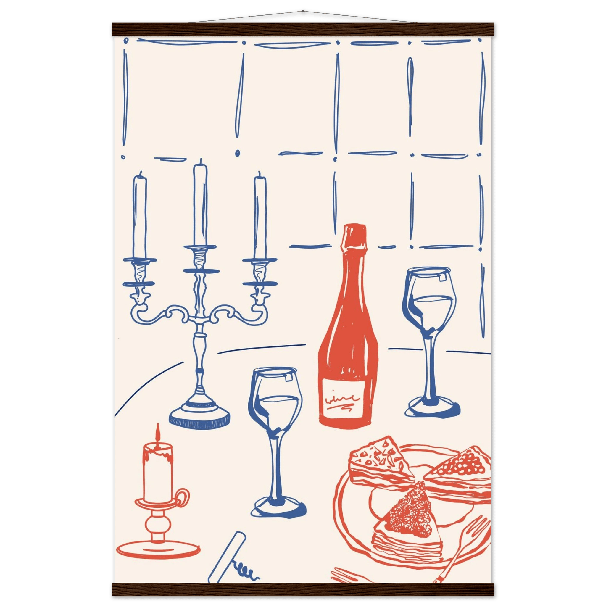 Candlelight Dinner Print | Wine & Candelabra Line Art Wall Art | Kitchen Poster - Evergreen Posters