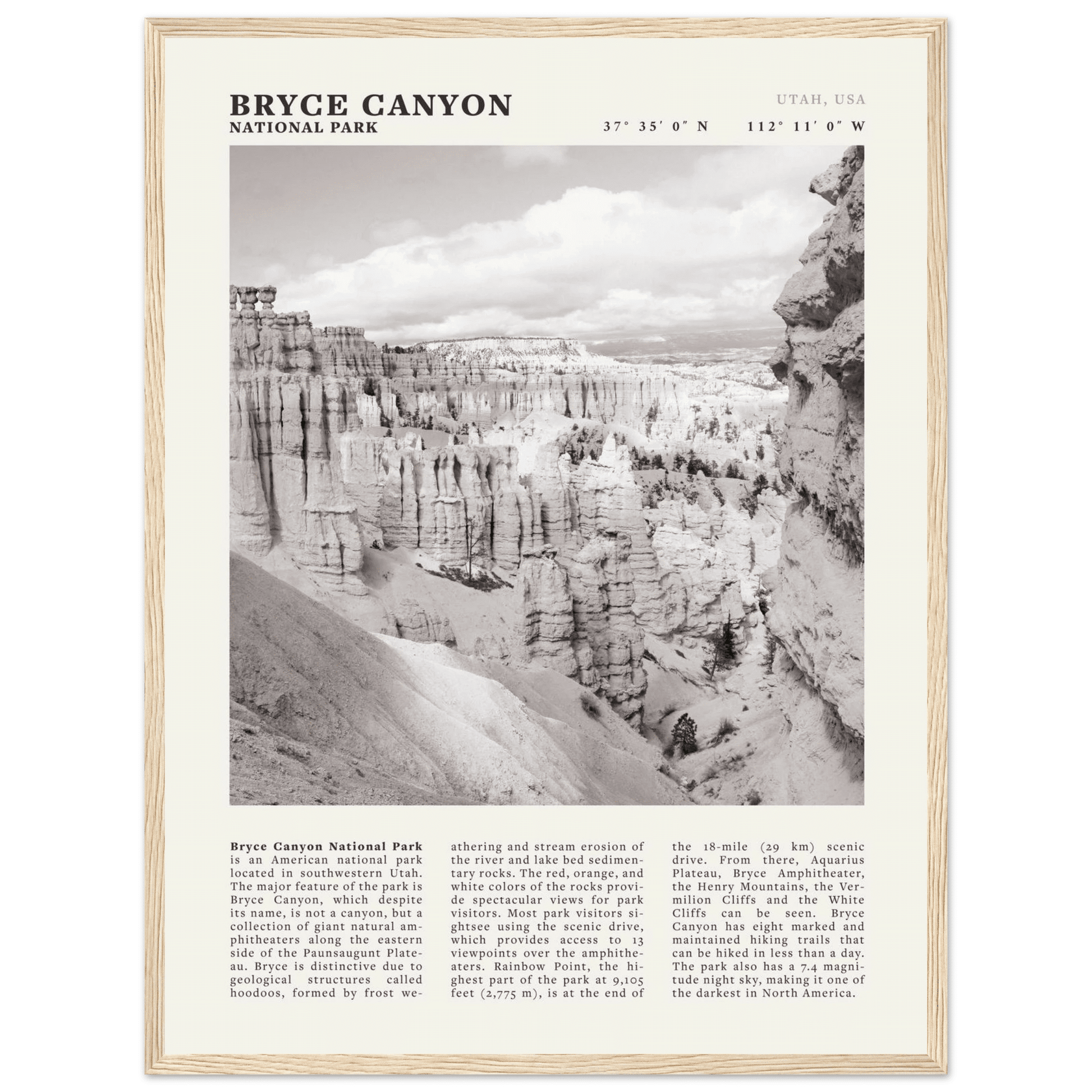 Bryce Canyon National Park Poster | Black & White Utah Hoodoos Wall Art Print - Evergreen Posters - 24