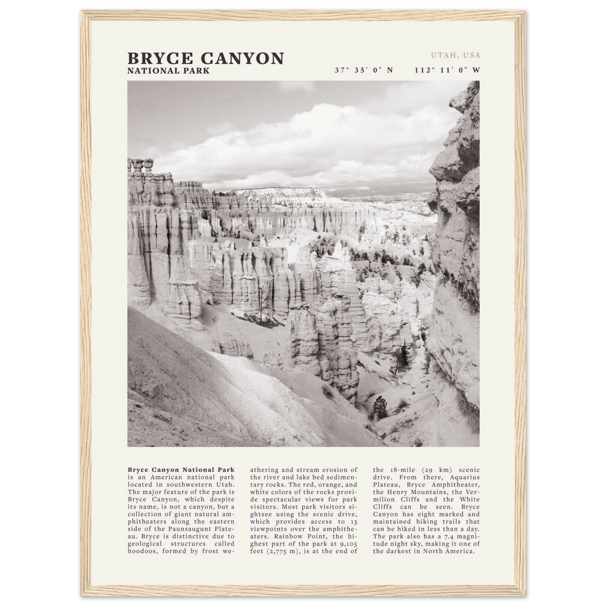 Bryce Canyon National Park Poster | Black & White Utah Hoodoos Wall Art Print - Evergreen Posters - 24