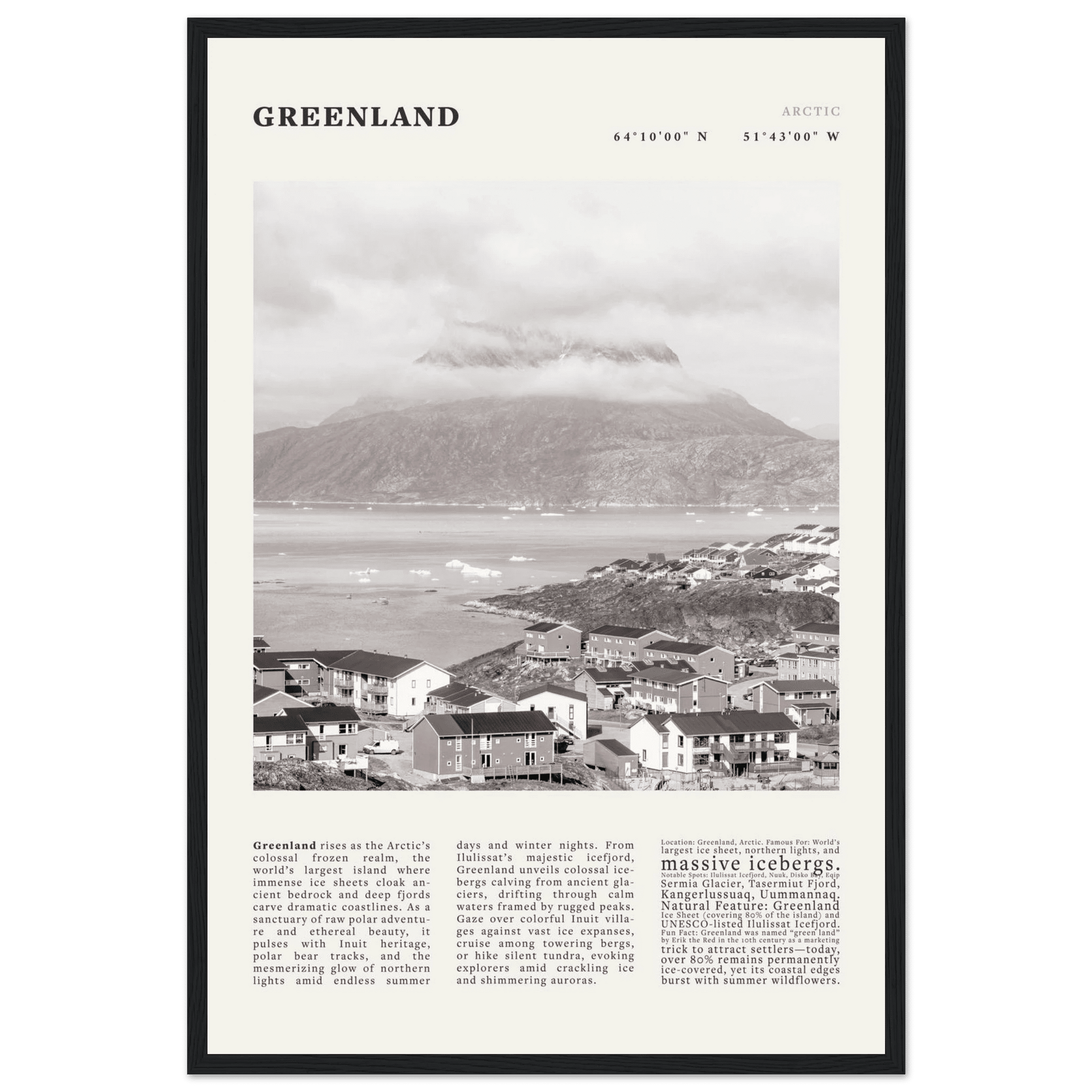Greenland Poster Black and White – Vintage Arctic Fjord Landscape Print (Digital & Printed Options) - Evergreen Posters