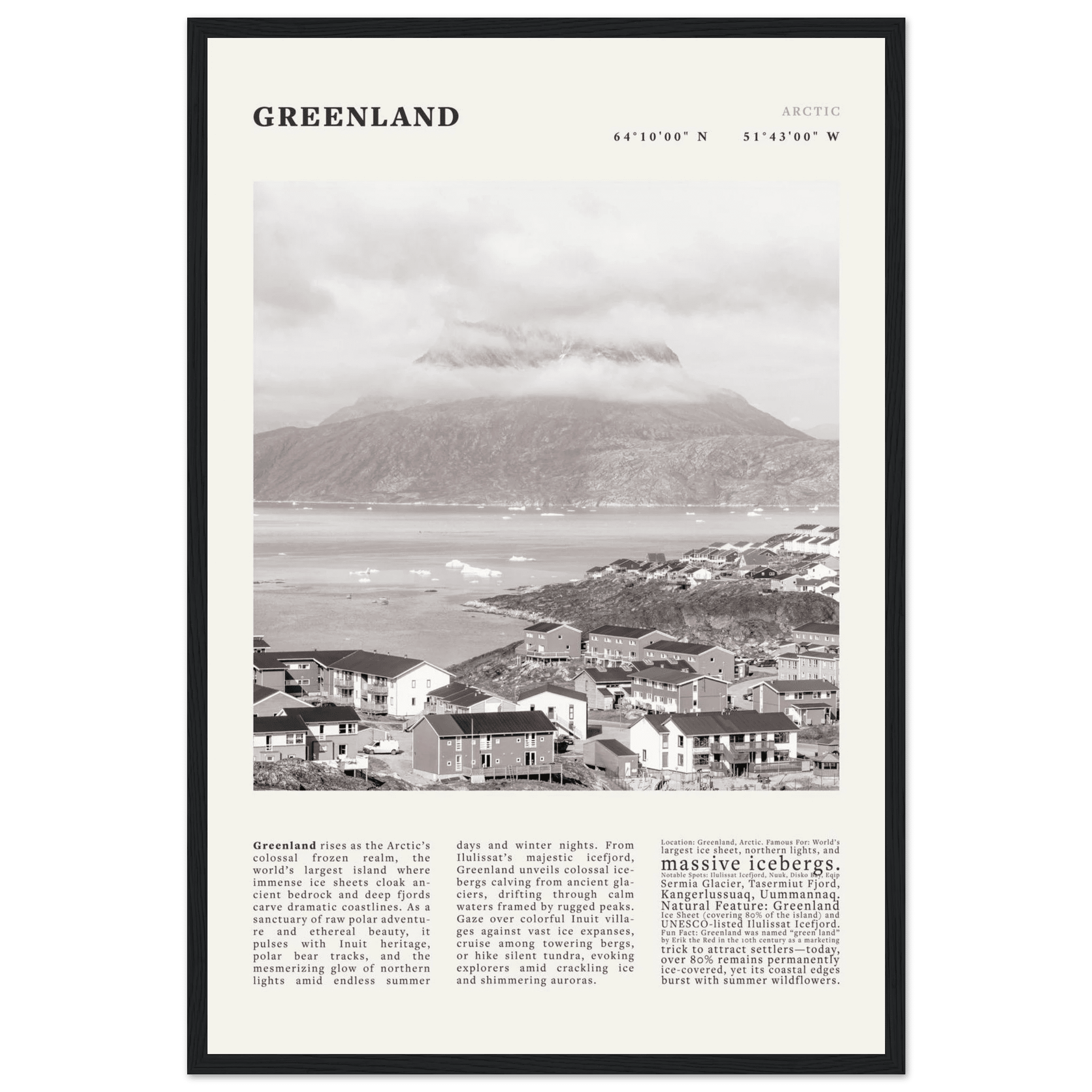 Greenland Poster Black and White – Vintage Arctic Fjord Landscape Print (Digital & Printed Options) - Evergreen Posters