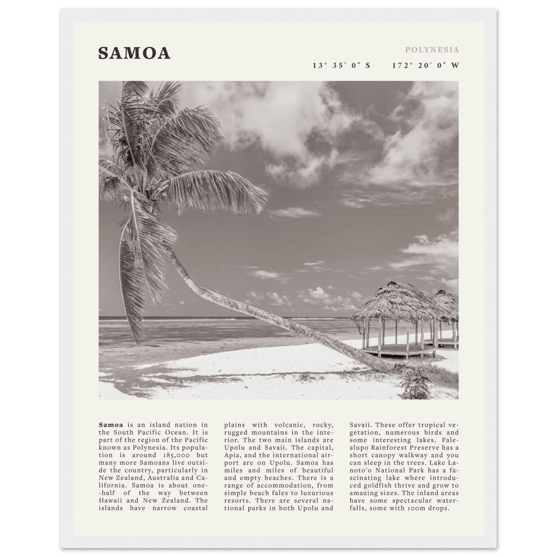 Samoa Poster | Black & White South Pacific Beach Wall Art | Polynesia Travel Print - Evergreen Posters