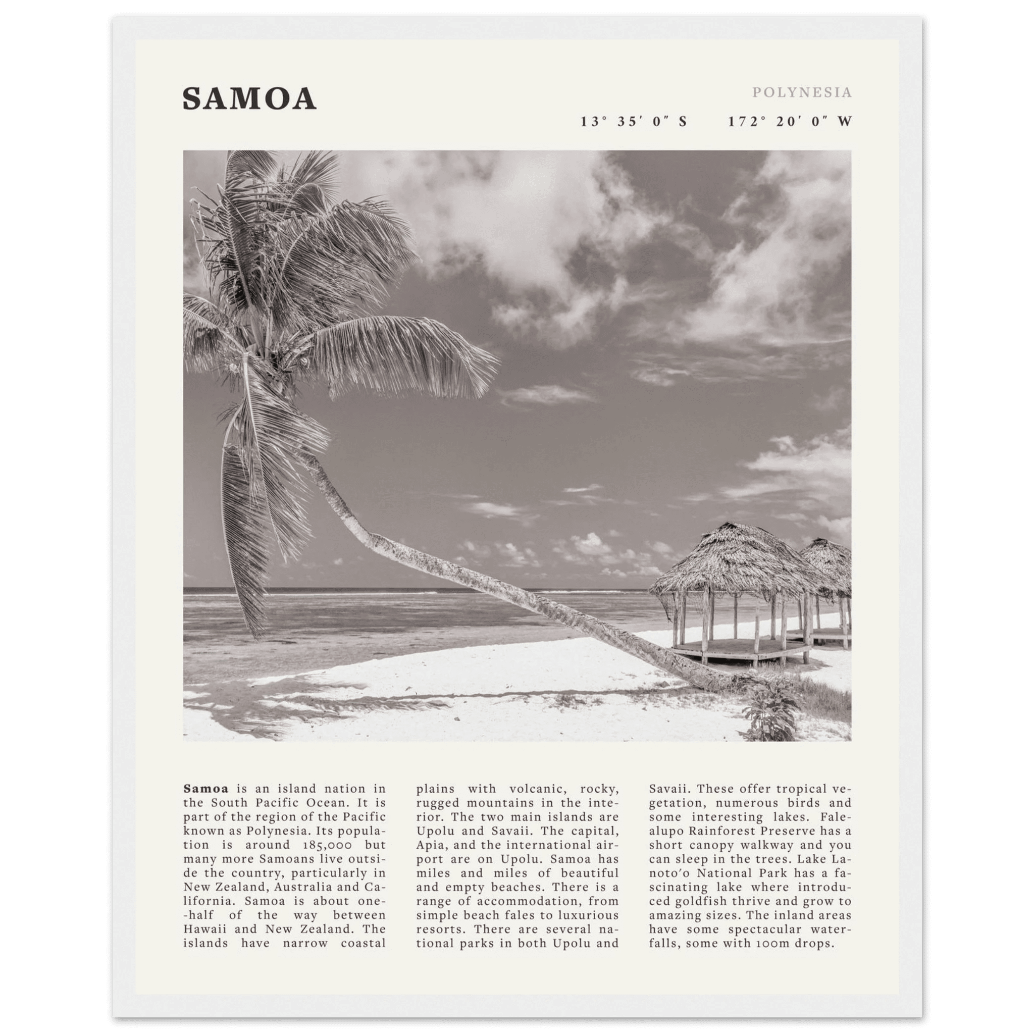Samoa Poster | Black & White South Pacific Beach Wall Art | Polynesia Travel Print - Evergreen Posters