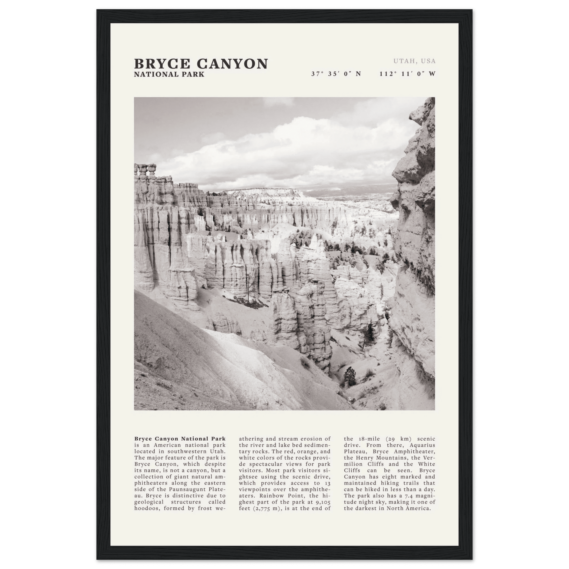 Bryce Canyon National Park Poster | Black & White Utah Hoodoos Wall Art Print - Evergreen Posters - 11