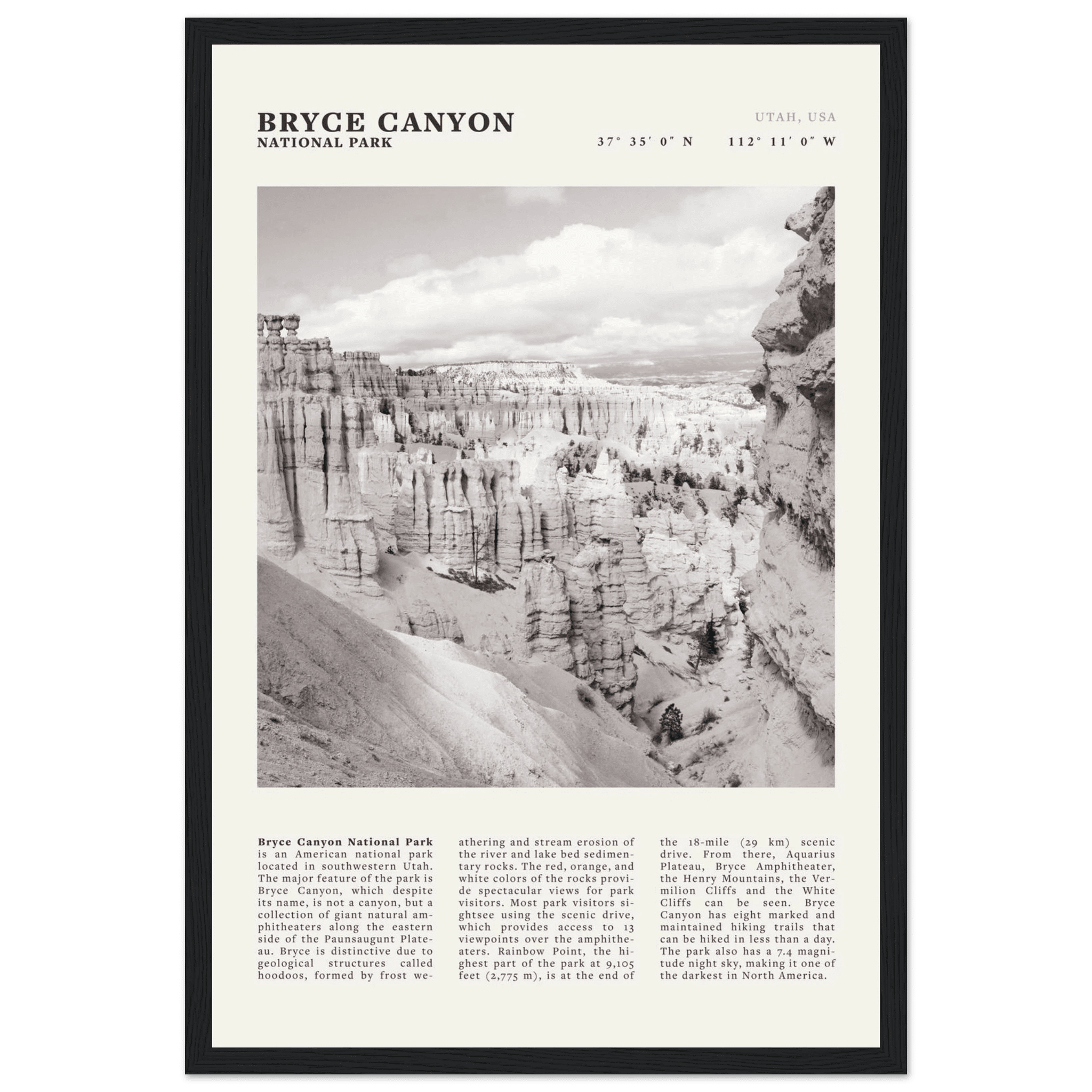 Bryce Canyon National Park Poster | Black & White Utah Hoodoos Wall Art Print - Evergreen Posters - 11