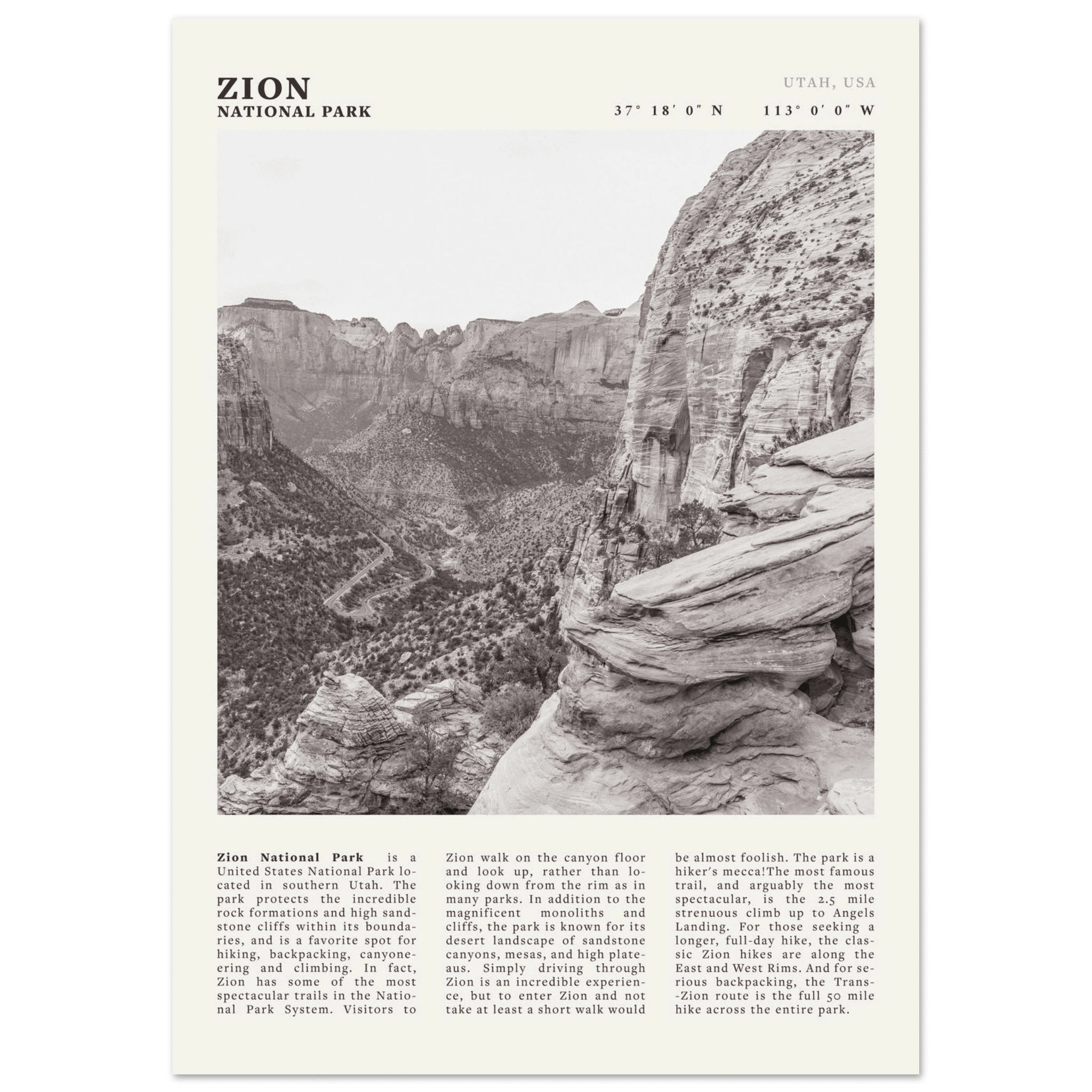 Zion National Park Poster | Black & White Utah Canyon Wall Art | USA Travel Print - Evergreen Posters