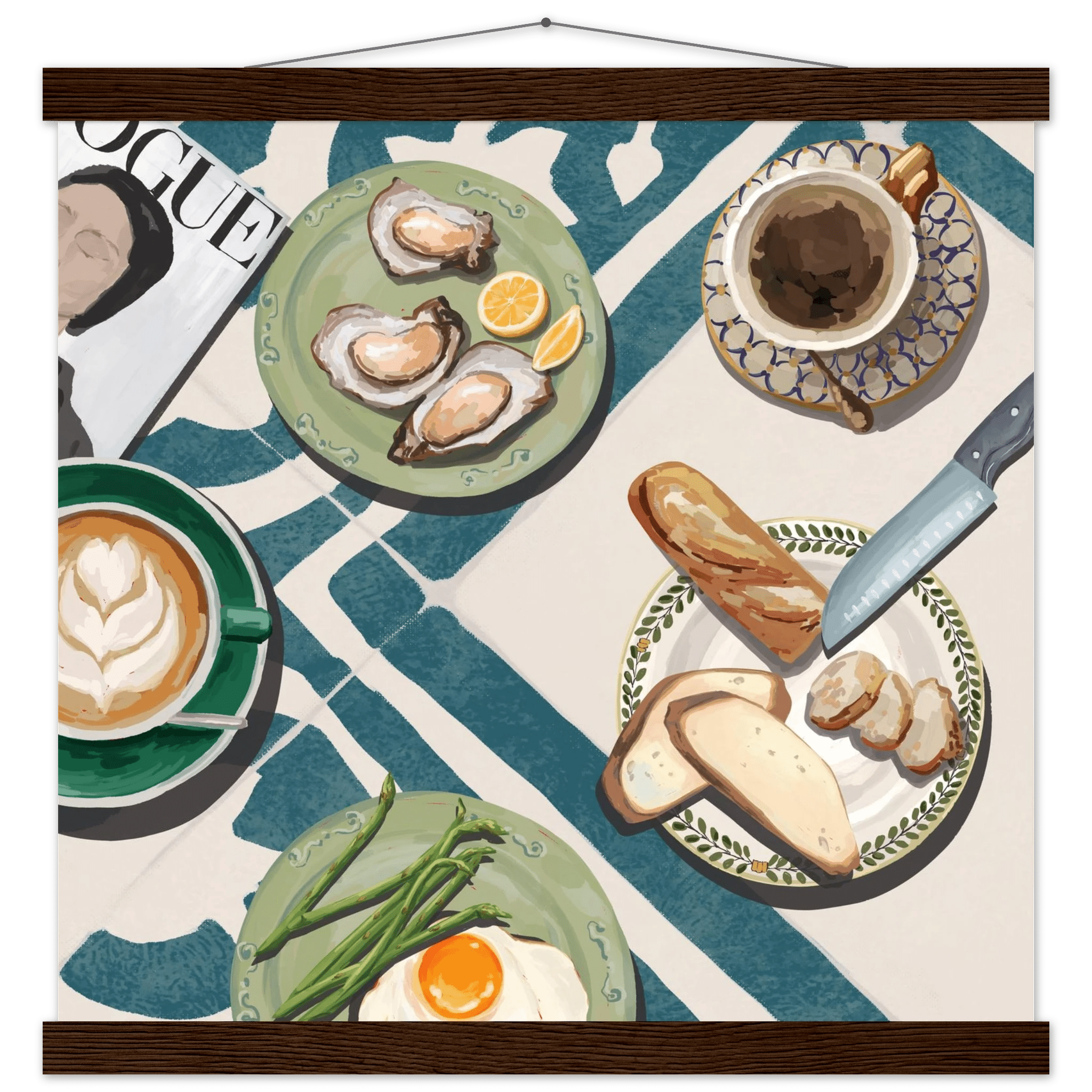 Oysters & Vogue Brunch Poster | Luxury Kitchen Wall Art | Blue Tile Square Print - Evergreen Posters - 26