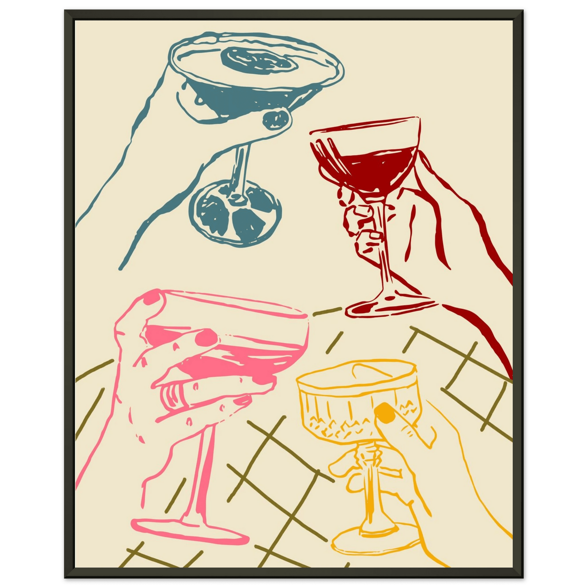 Cheers Print | Colourful Cocktail Glasses Wall Art | Kitchen Bar Poster - Evergreen Posters
