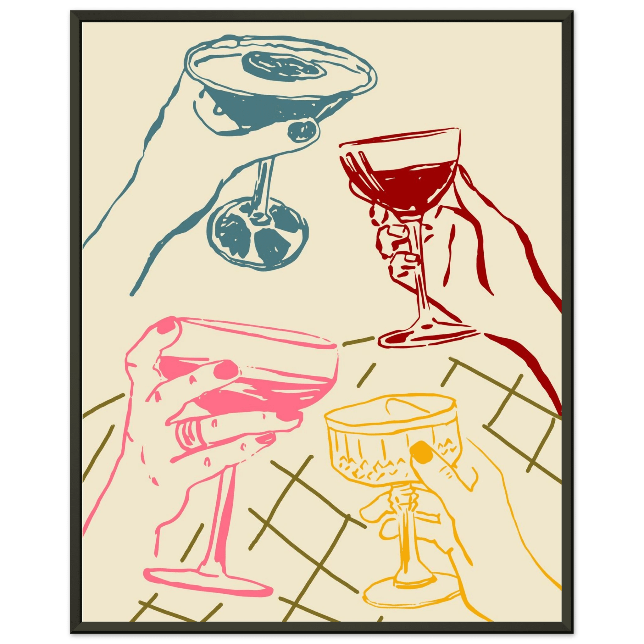 Cheers Print | Colourful Cocktail Glasses Wall Art | Kitchen Bar Poster - Evergreen Posters