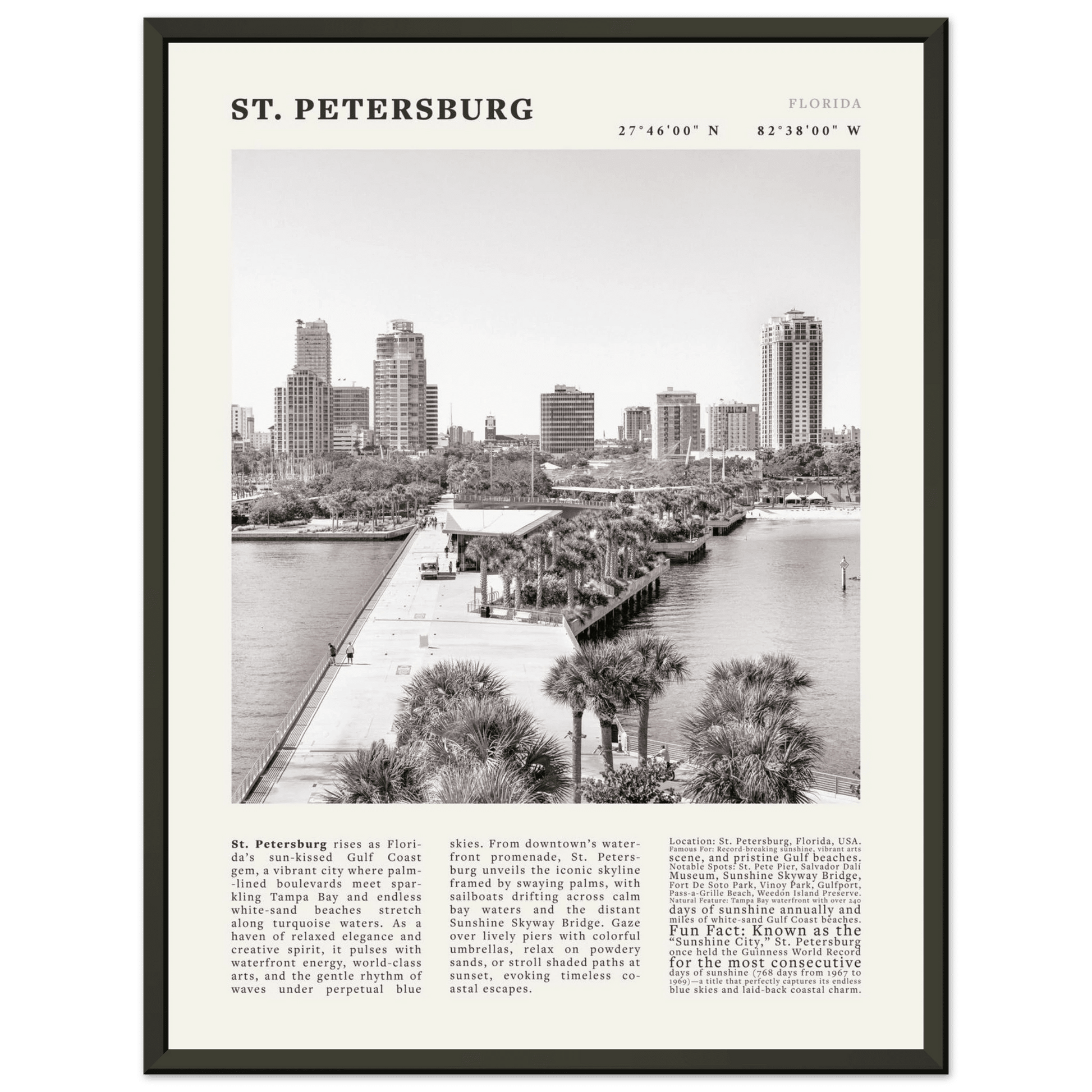 St. Petersburg Florida Poster Black and White – Vintage St Pete Skyline Print (Digital & Printed Options) - Evergreen Posters