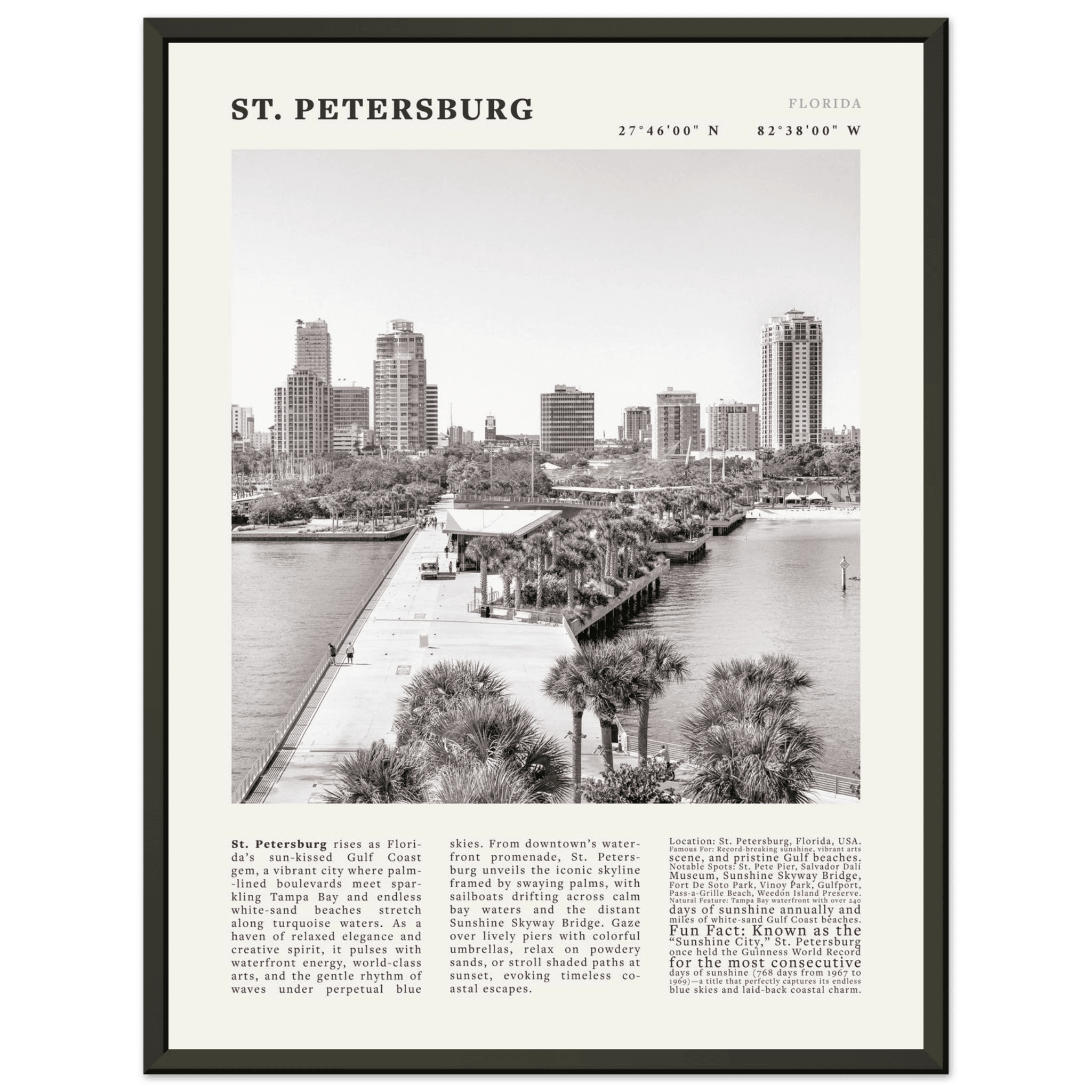 St. Petersburg Florida Poster Black and White – Vintage St Pete Skyline Print (Digital & Printed Options) - Evergreen Posters