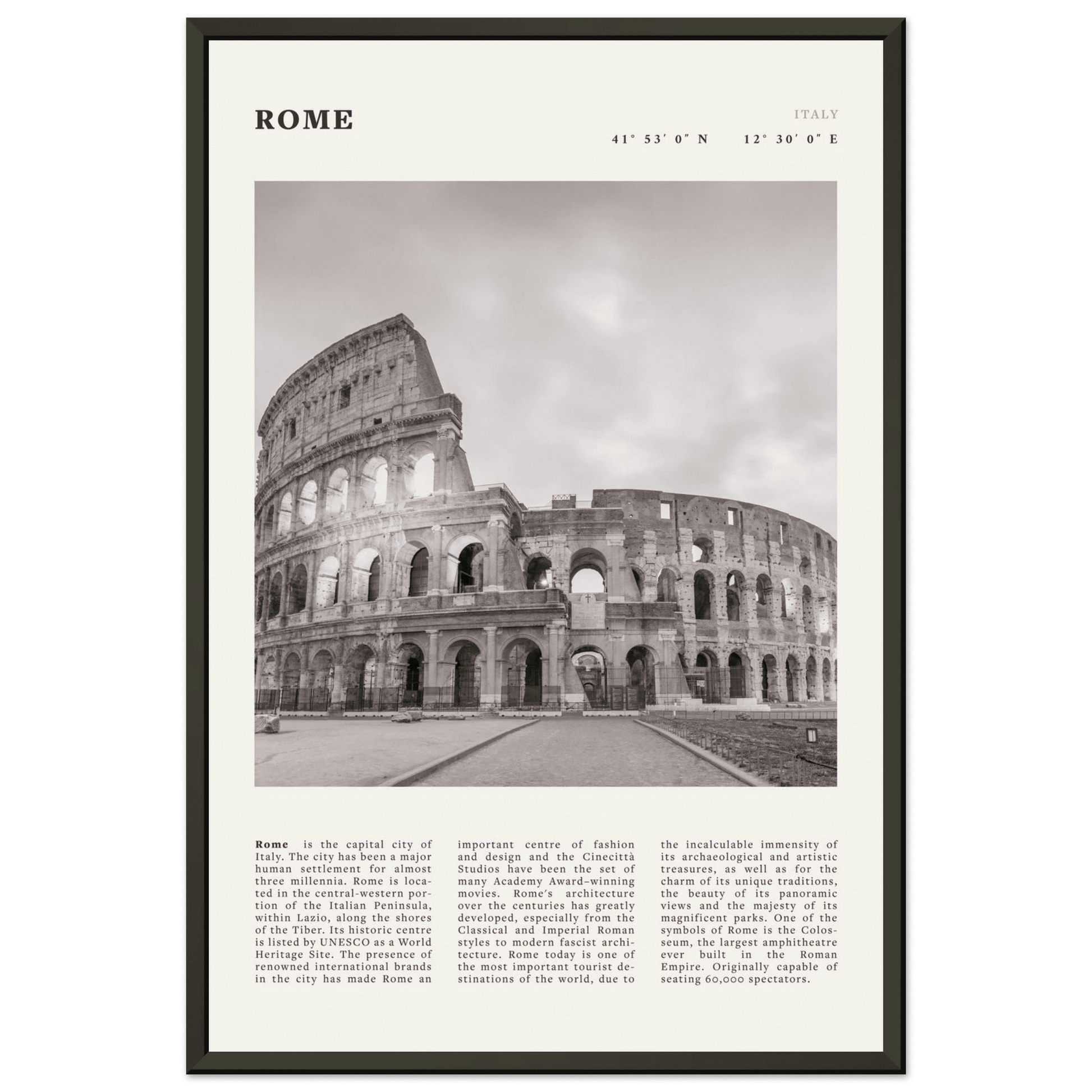 Rome Poster | Black & White Colosseum Wall Art | Italy Travel Print | Roman Decor - Evergreen Posters