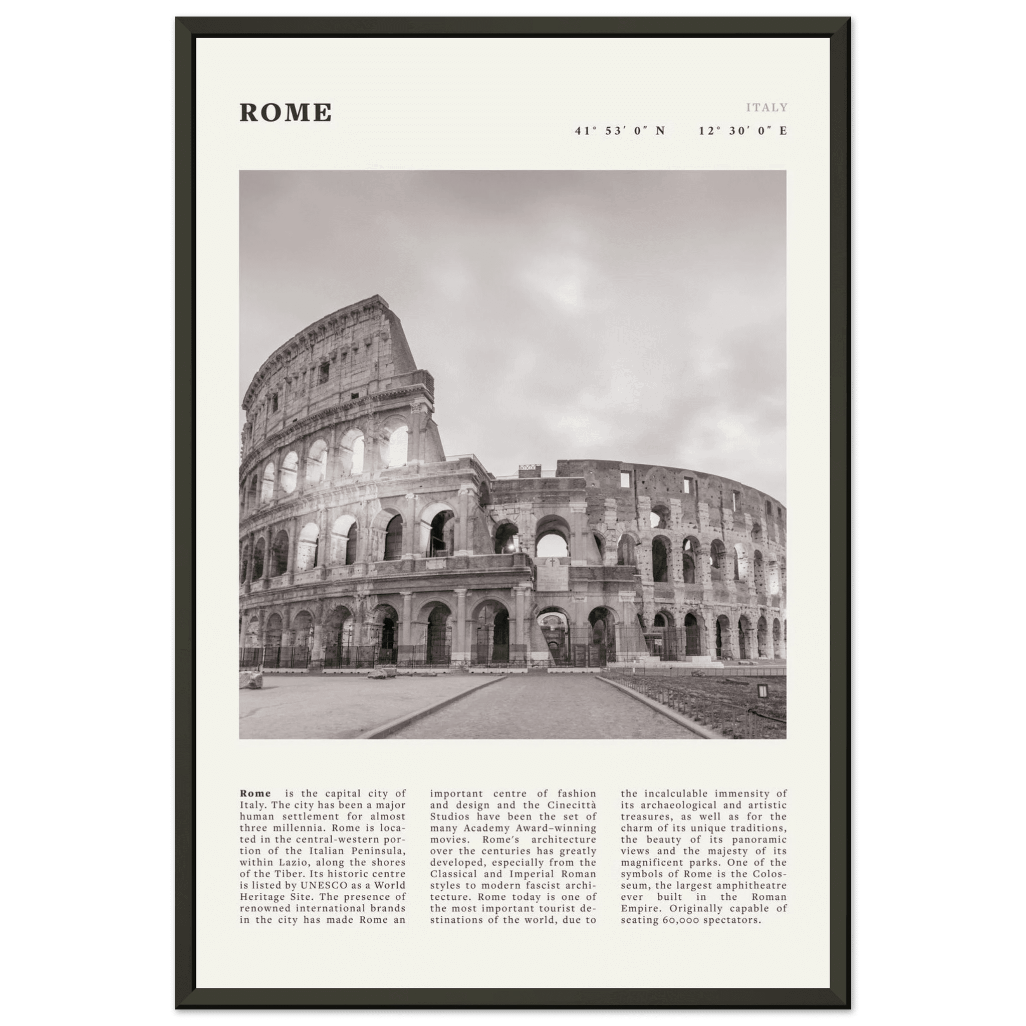 Rome Poster | Black & White Colosseum Wall Art | Italy Travel Print | Roman Decor - Evergreen Posters