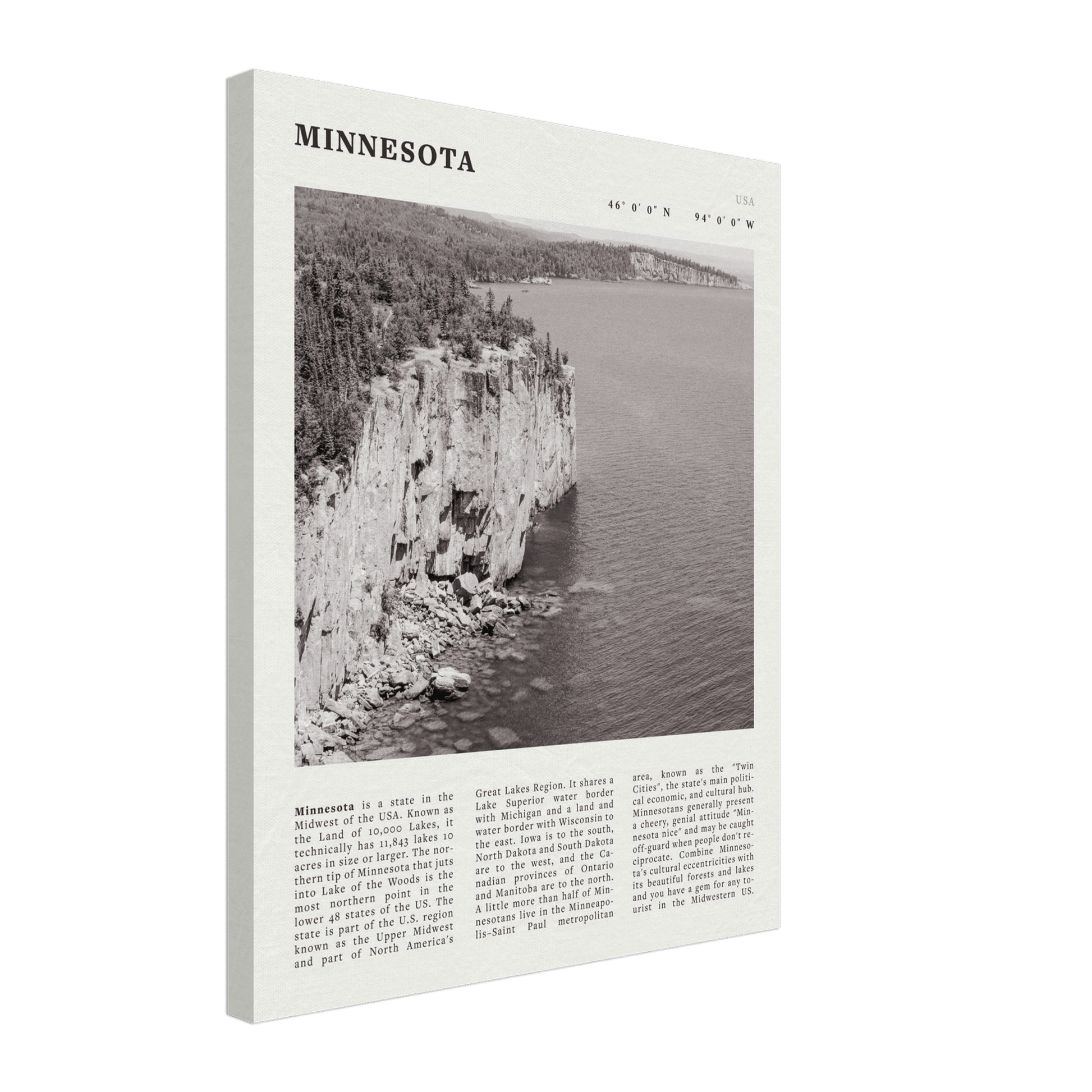 Minnesota Poster | Black & White Lake Superior Wall Art | USA Nature Travel Print - Evergreen Posters
