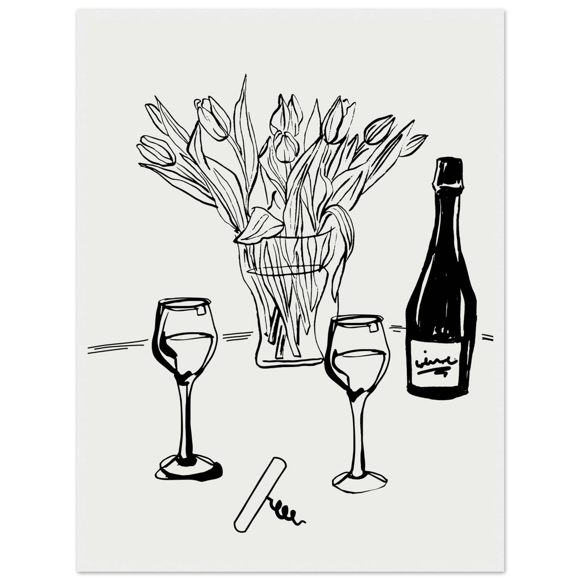 Wine & Tulips Print | Black Line Art Wine Bottle Wall Art | Minimalist Kitchen Poster - Evergreen Posters