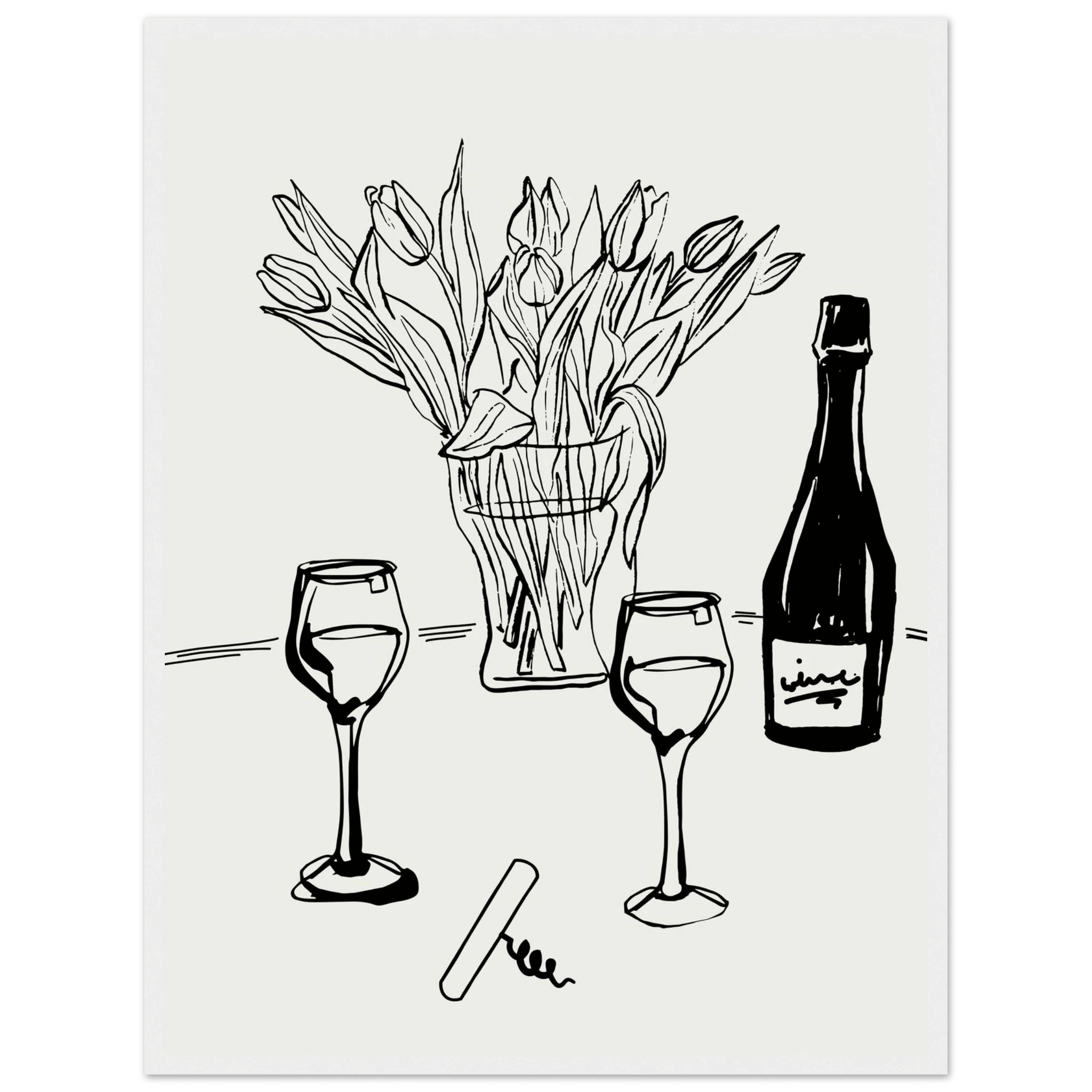 Wine & Tulips Print | Black Line Art Wine Bottle Wall Art | Minimalist Kitchen Poster - Evergreen Posters