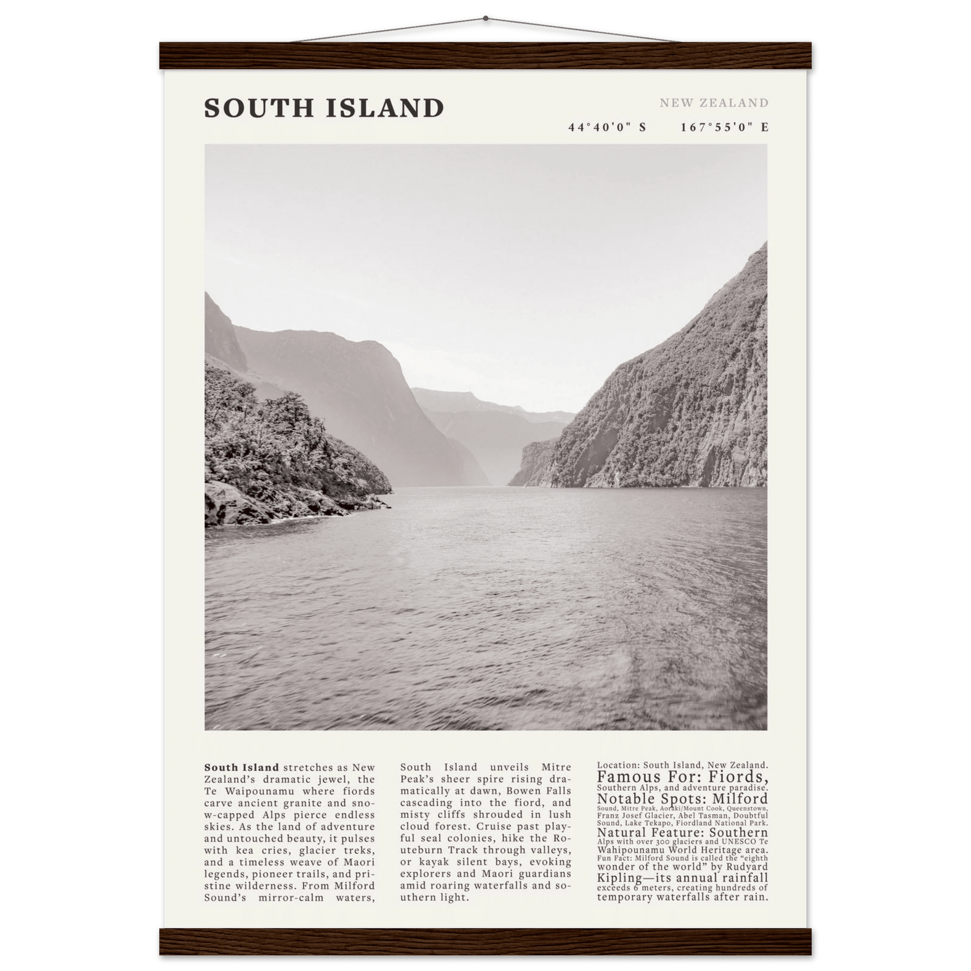 South Island New Zealand Poster Black and White – Vintage Milford Sound Fjord Print - Evergreen Posters