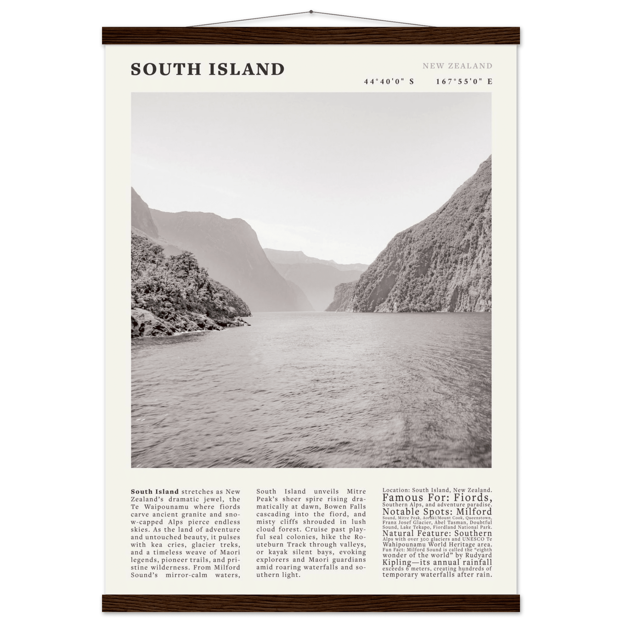 South Island New Zealand Poster Black and White – Vintage Milford Sound Fjord Print - Evergreen Posters
