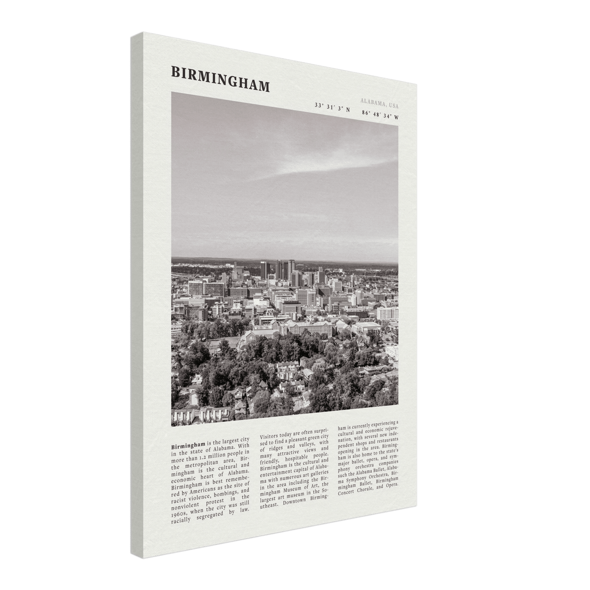 Birmingham Poster | Black & White Alabama Skyline Wall Art | AL Travel Print - Evergreen Posters