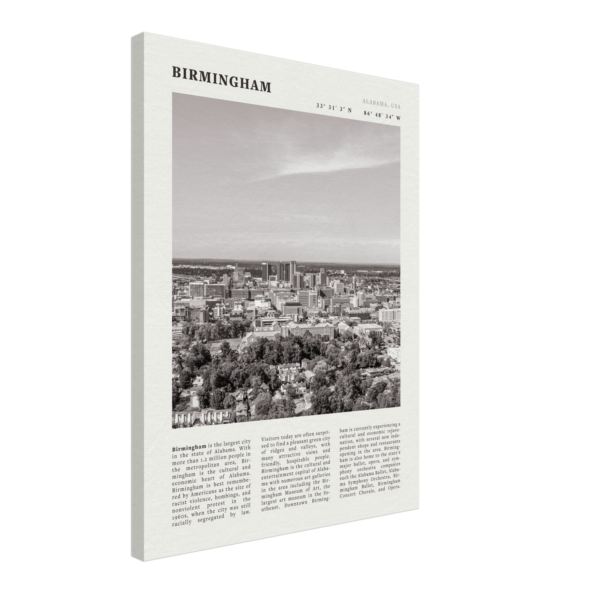 Birmingham Poster | Black & White Alabama Skyline Wall Art | AL Travel Print - Evergreen Posters
