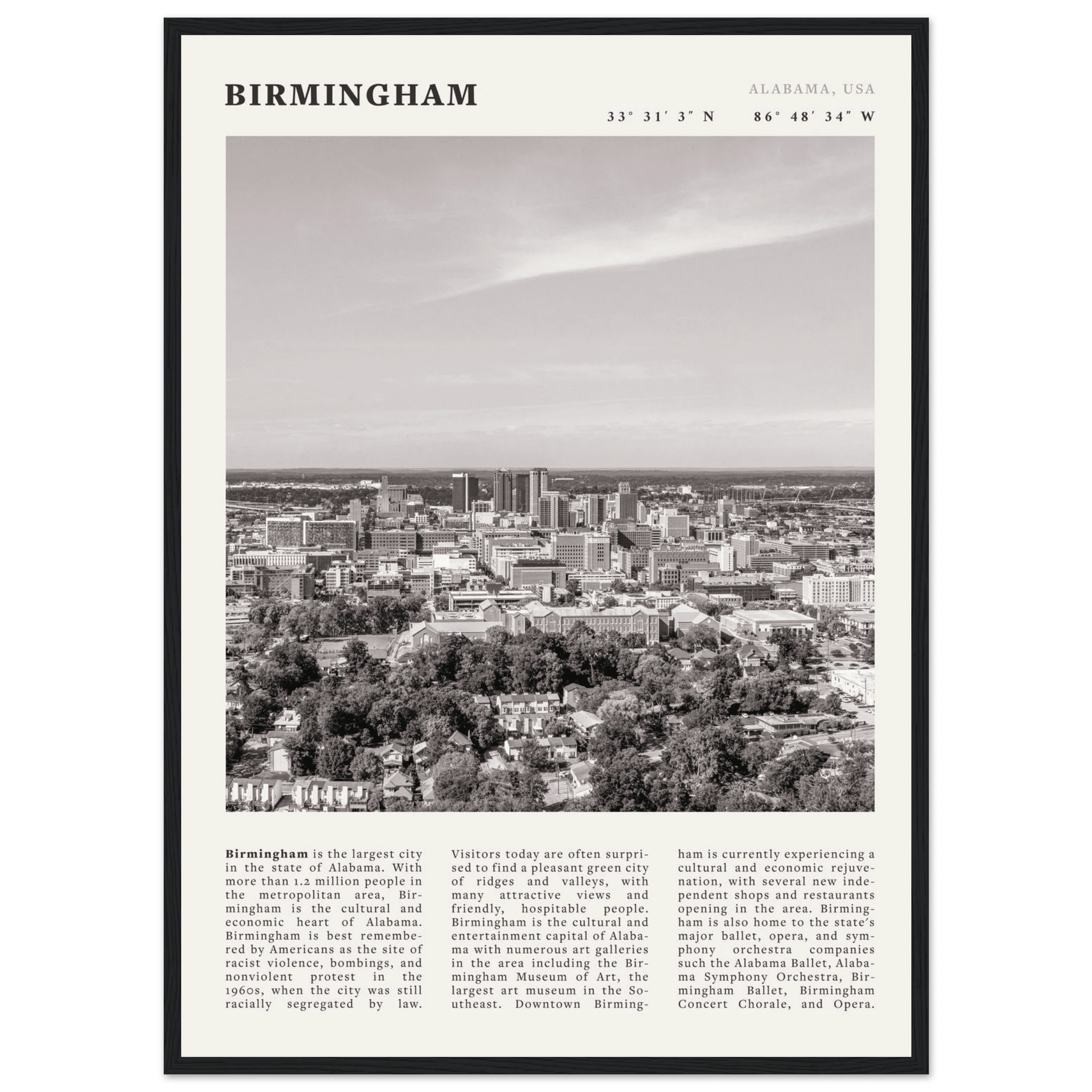 Birmingham Poster | Black & White Alabama Skyline Wall Art | AL Travel Print - Evergreen Posters