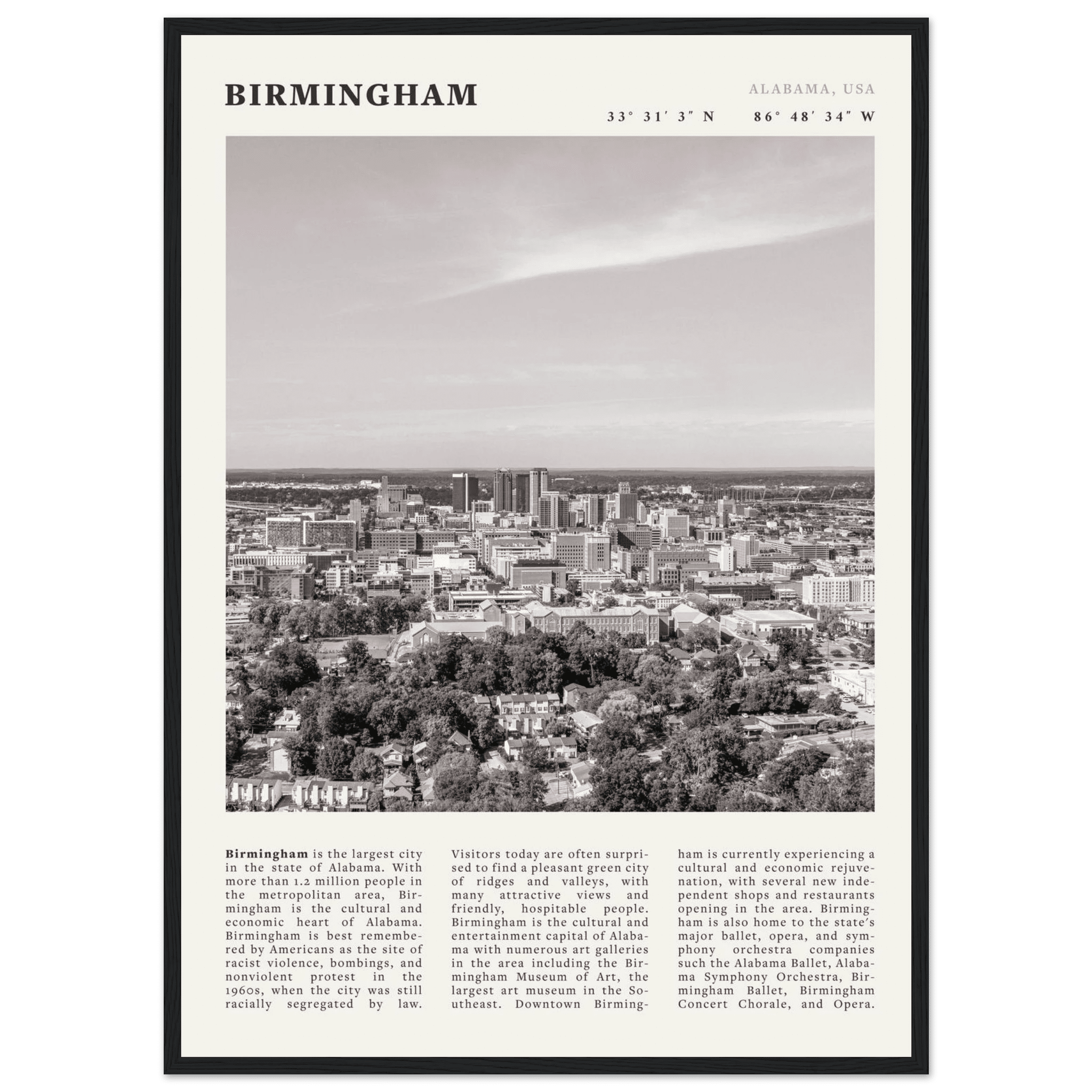 Birmingham Poster | Black & White Alabama Skyline Wall Art | AL Travel Print - Evergreen Posters