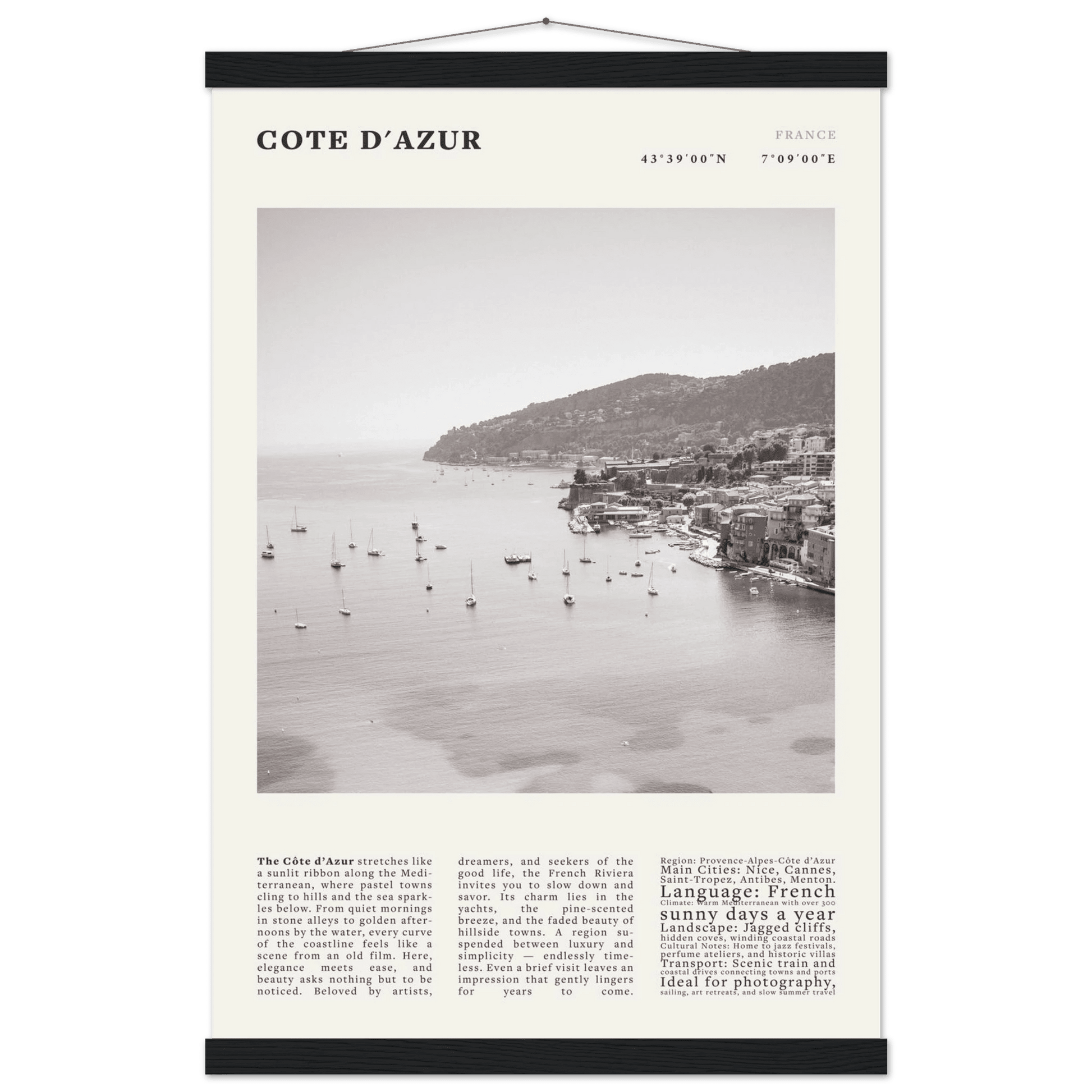 Côte d'Azur Poster Black and White – Vintage French Riviera Coast Print (Digital & Printed Options) - Evergreen Posters
