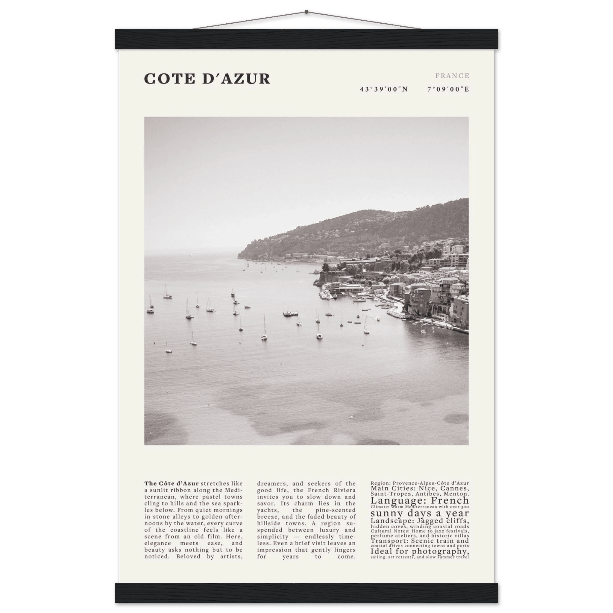 Côte d'Azur Poster Black and White – Vintage French Riviera Coast Print (Digital & Printed Options) - Evergreen Posters