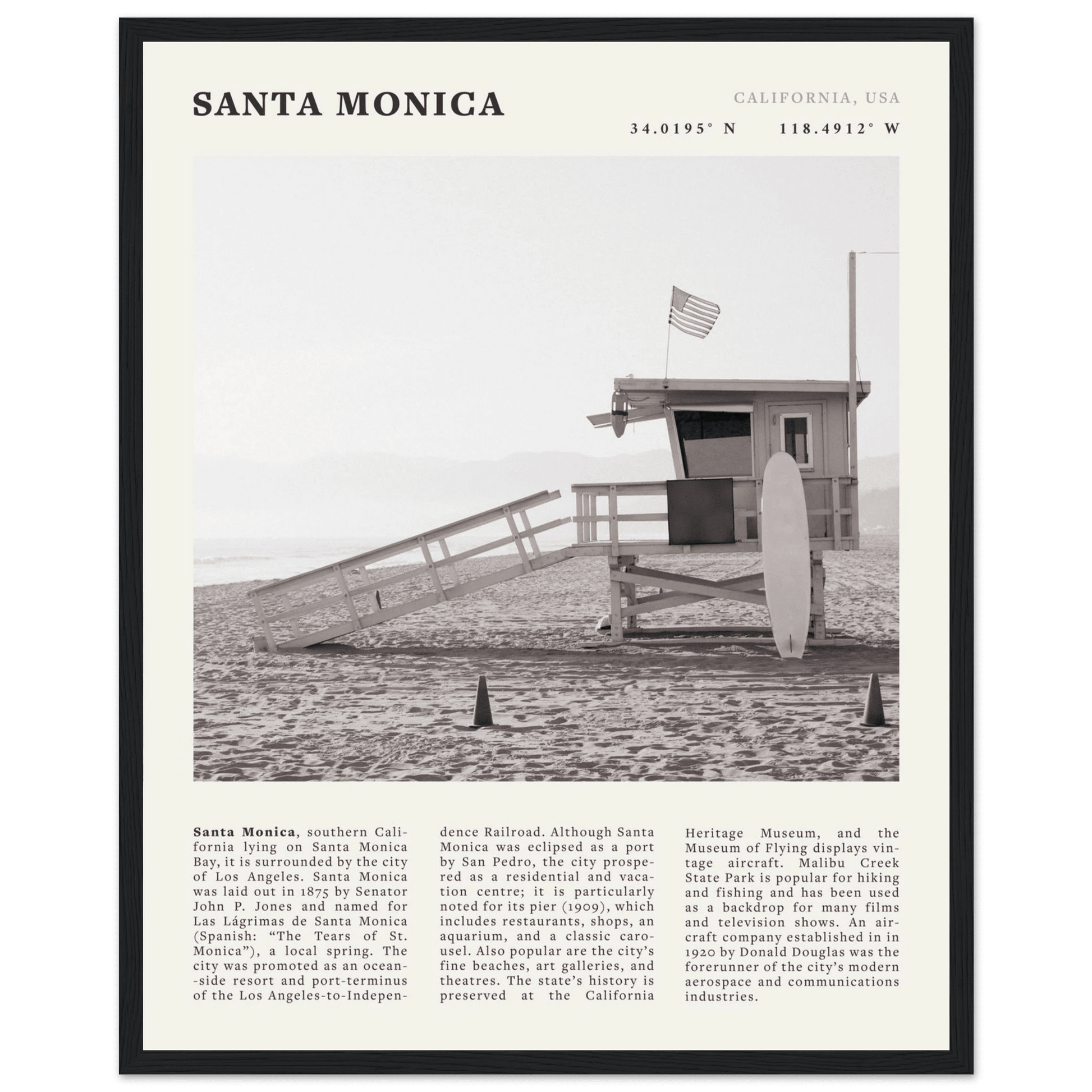 Santa Monica Poster | Black & White California Wall Art | Beach Travel Print | Coastal Decor - Evergreen Posters