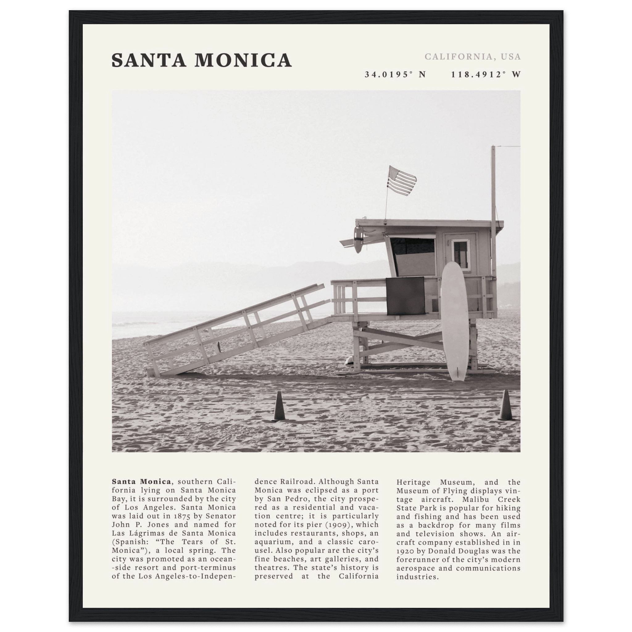 Santa Monica Poster | Black & White California Wall Art | Beach Travel Print | Coastal Decor - Evergreen Posters