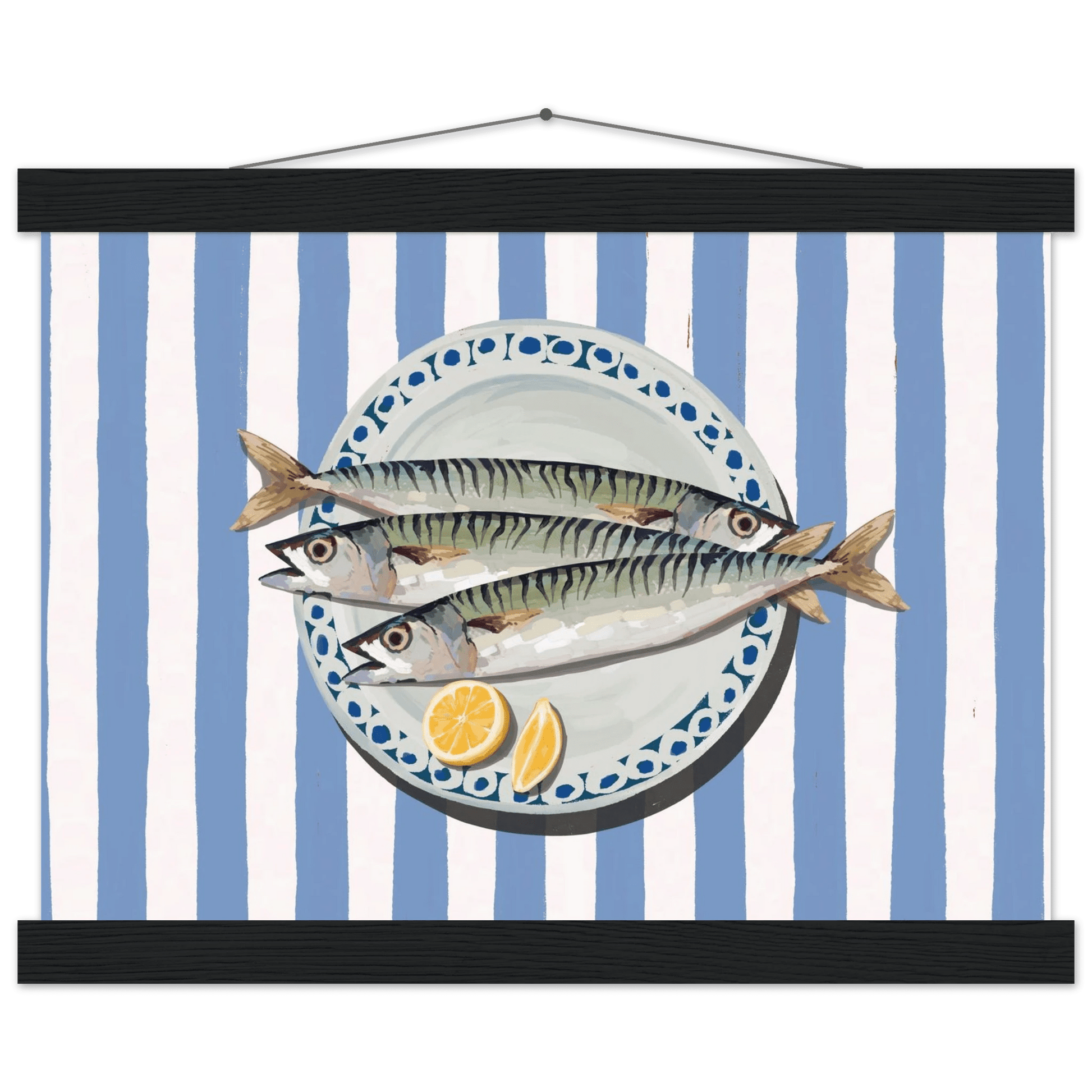 Sardines Print | Blue Stripe Fish Kitchen Wall Art | Coastal Food Poster - Evergreen Posters